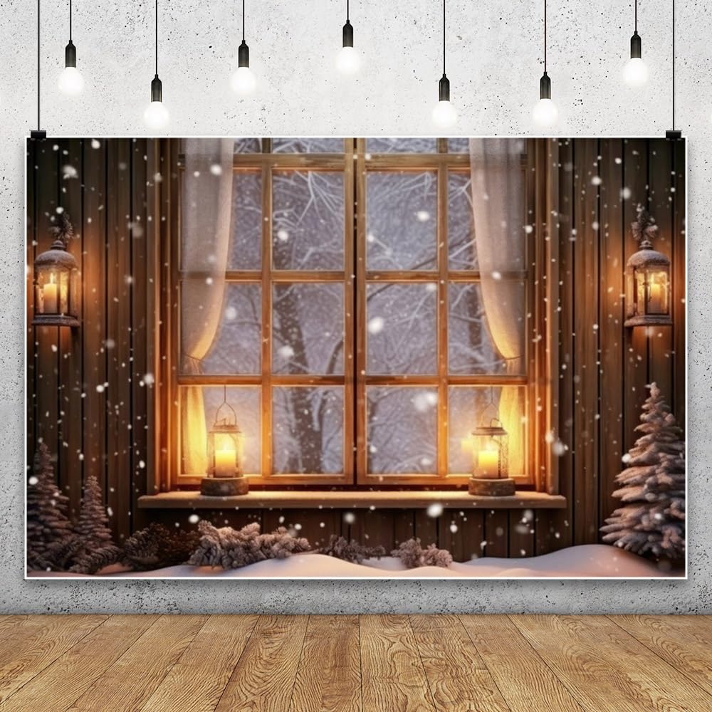 DORCEV 7x5ft Winter Window Natural Snow Landscape Backdrop White Snowflake Curtains Vintage Decorative Warm Candle Lighting Photography Background