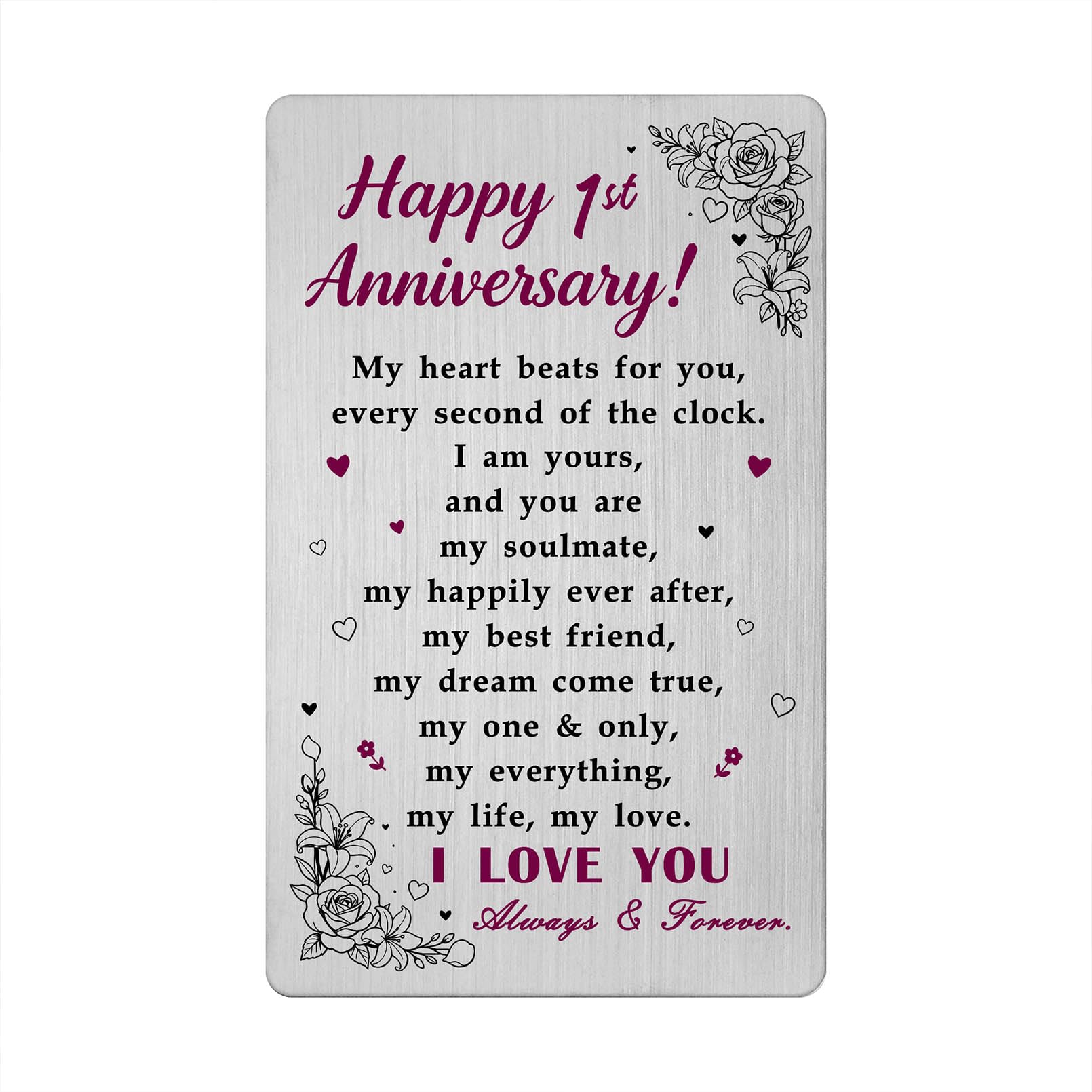 1st Anniversary Card Gifts for Him Her, Happy 1 Year Wedding Anniversary Card Gifts for Husband Wife Boyfriend Grilfriend Couple, Metal Engraved Wallet Card