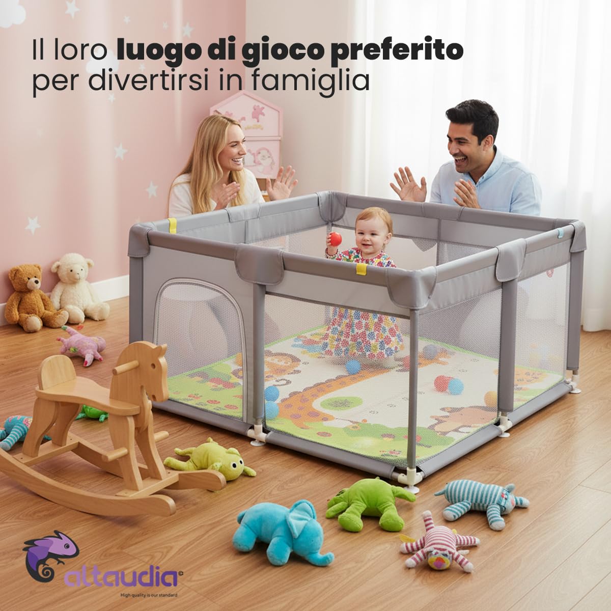 Parco giochi per 120x120 cm + Tappeto + 50 palline + Borse per il trasporto – Box per bambini con rete traspirante – Parco giochi divertente per bambini - Grigio