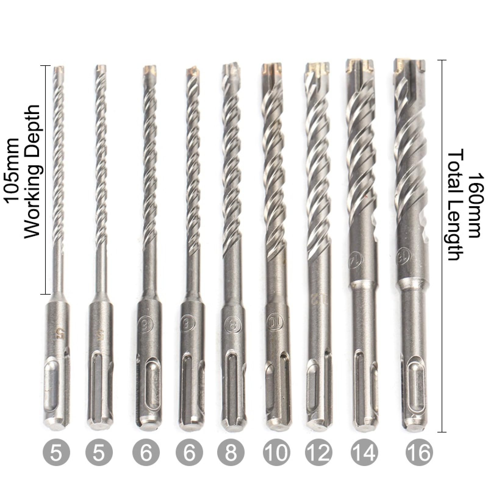 5-16mm 9 Pezzi SDS Plus Gambo 160mm Punte Per Martello Elettrico Impostate In Lega Di Acciaio Al Tungsteno A Croce