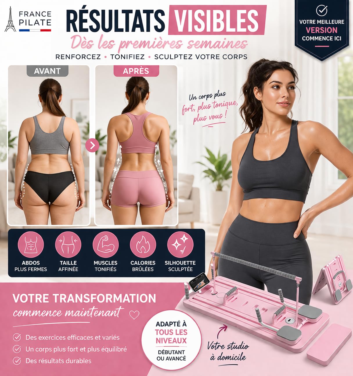 Pilates Reformer Pliable – Machine Pilates Maison Compacte avec Résistance Réglable, Planche Pilates Multifonction Full Body, Kit Accessoires Inclus + E-Book d’Exercices Offert