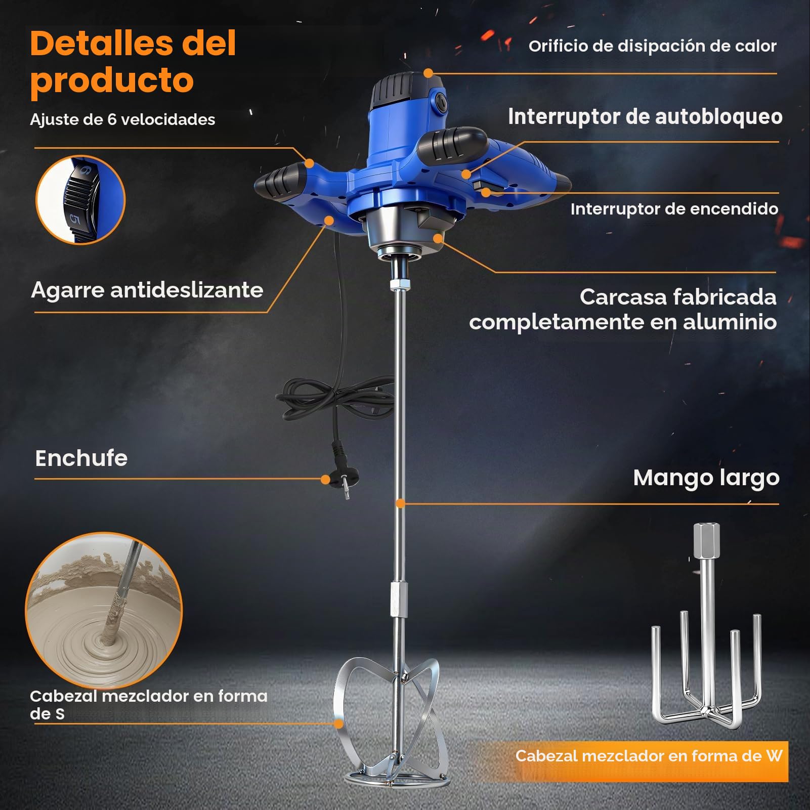 Mezclador de mortero, agitador de 3500 W, con electrónica de 6 velocidades, 0-1500 /min, caja de cambios de aluminio, alojamiento M14, agitador de 120 mm de diámetro para mezclas de hormigón