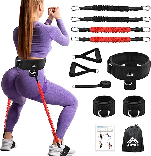 ATENTO Juego de 12 bandas de resistencia para piernas y glúteos, banda elástica de fitness con asas, cinturón de gimnasio, 4 bandas de entrenamiento