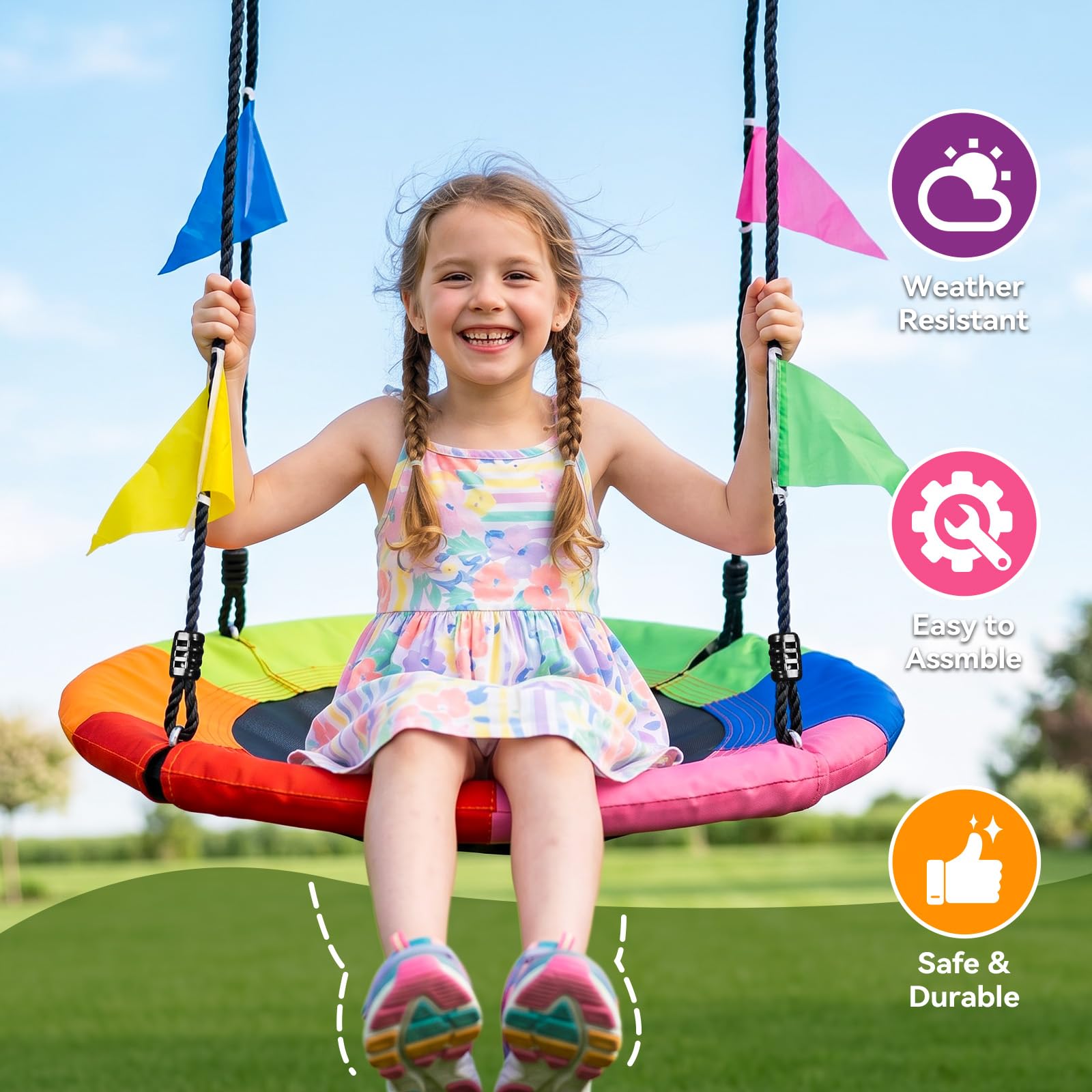 HeyZoo Baumschaukel, 61 cm Untertassenschaukel für Kinder, 408 kg Tragkraft, mit verstellbaren Aufhängeriemen, robustes 900D-Oxford, für Outdoor-Spielplatz, Hinterhof, 6 Farben gemischt