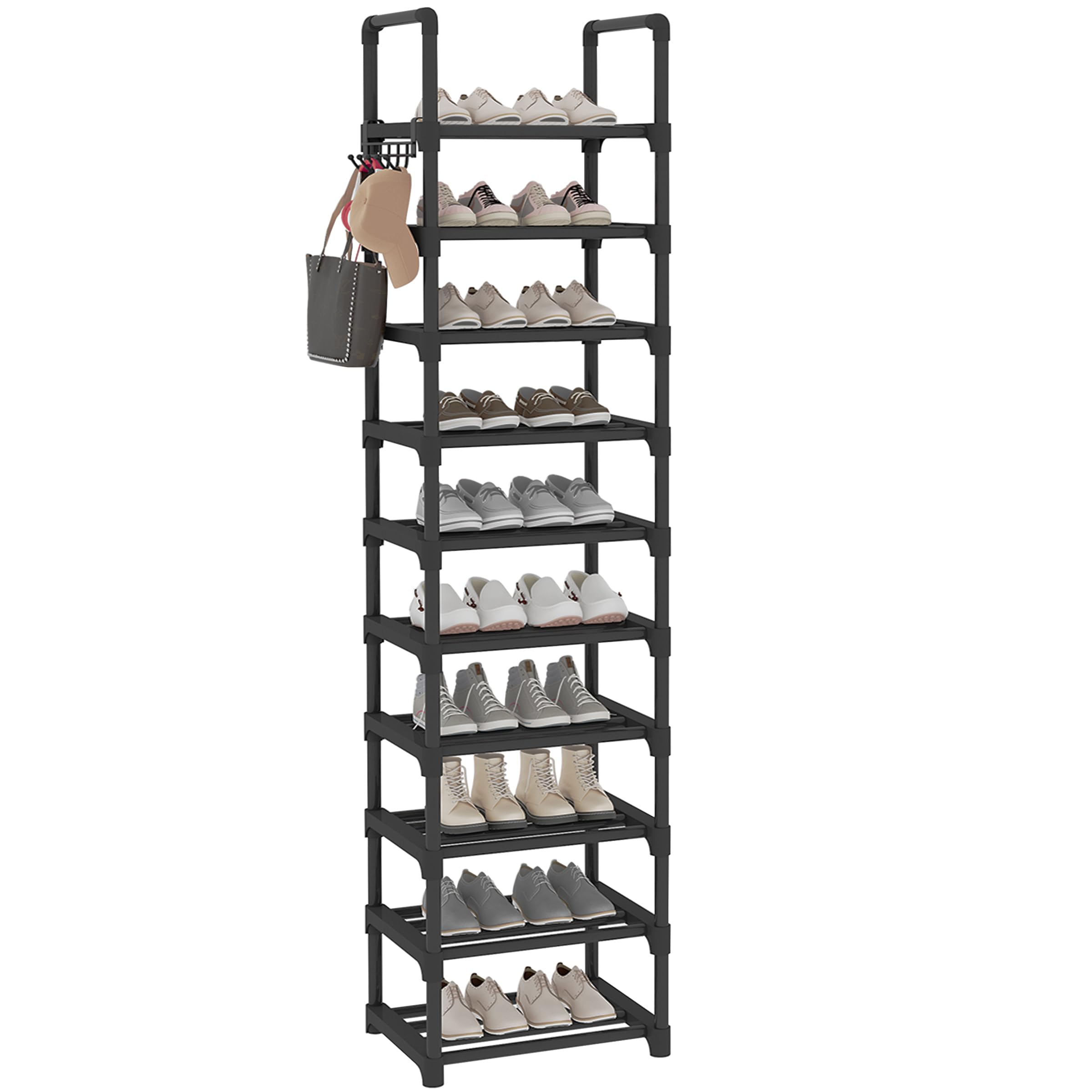 Lxvckly Shoe Rack, 10-Tier Metal Narrow Shoe Storage Organizer, Tall Storage Rack with Hook, Vertical 20 Pairs Shoe and Boots Organizer, Shoe Shelf for Entryway Closet Hallway Black