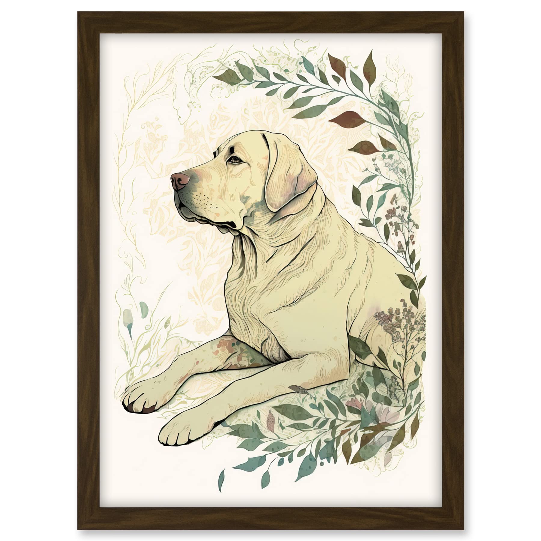 Artery8 Labrador Retriever Dog Lying in Field Modern Linocut Illustration Artwork Framed A3 Wall Art Print