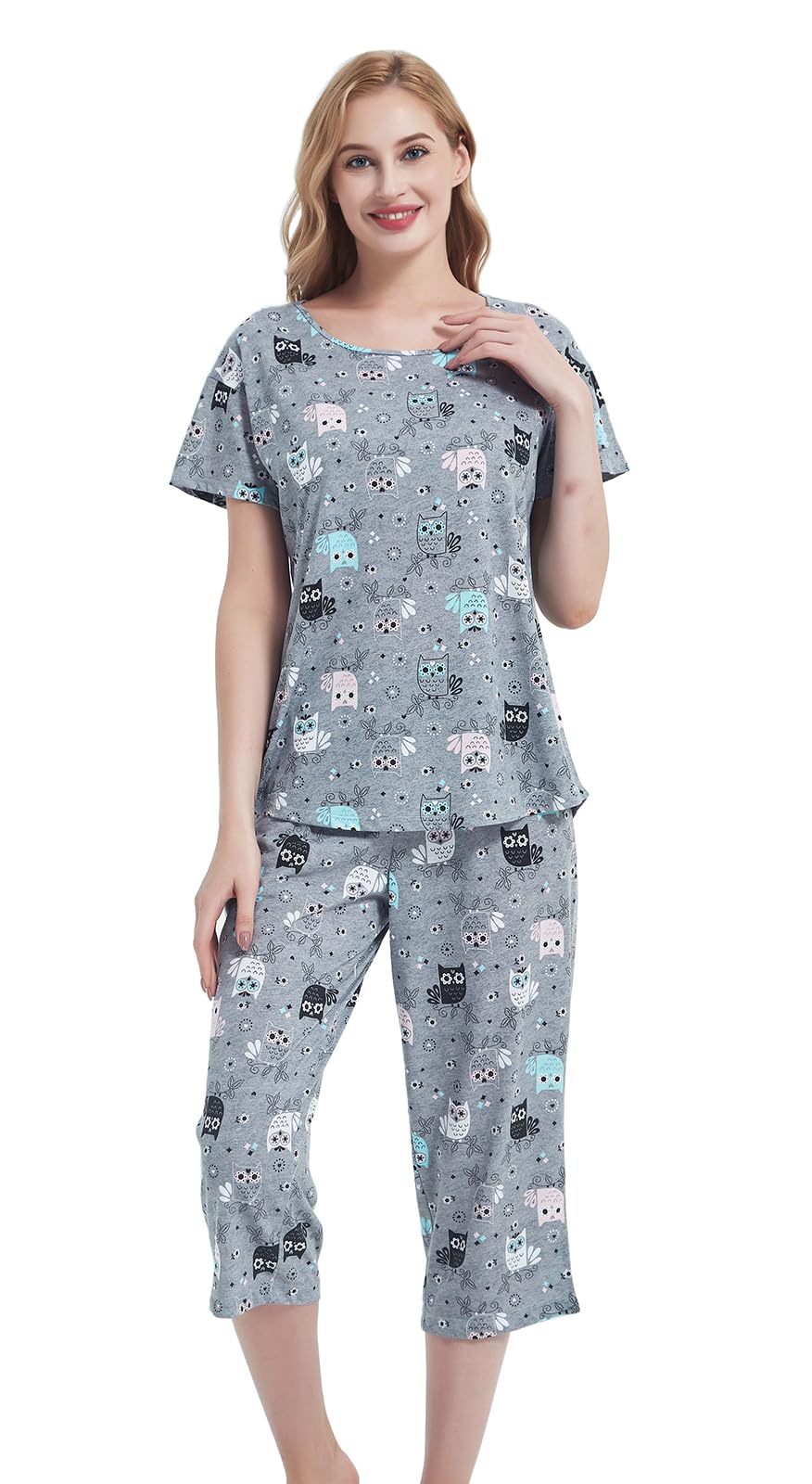 CHUNG Women Cotton Pajama Sets Sleepwear pjs Short Sleeve Shirt Capri Length Crop Pants Cute Vivid Print