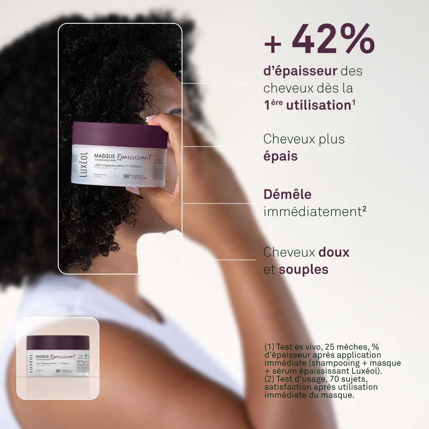 LUXEOL - Masque Cheveux Epaississant - +42% d'Epaisseur Dès la 1ère Utilisation* - À Base d'Algue Rouge, Acide Hyaluronique & Protéine de Riz - Fabriqué en France - 200 ml