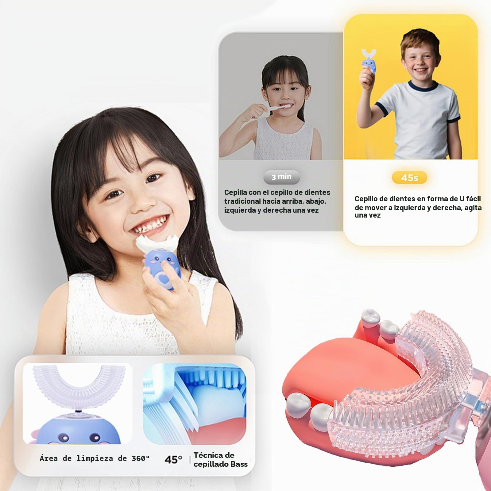 Cepillo de dientes ultrasónico de 360º para niños, cepillo de dientes eléctrico con 2 cabezales cepillo de silicona en forma de U, recargable e impermeable, para el hogar, viajes, uso (verde 6 ~ 12