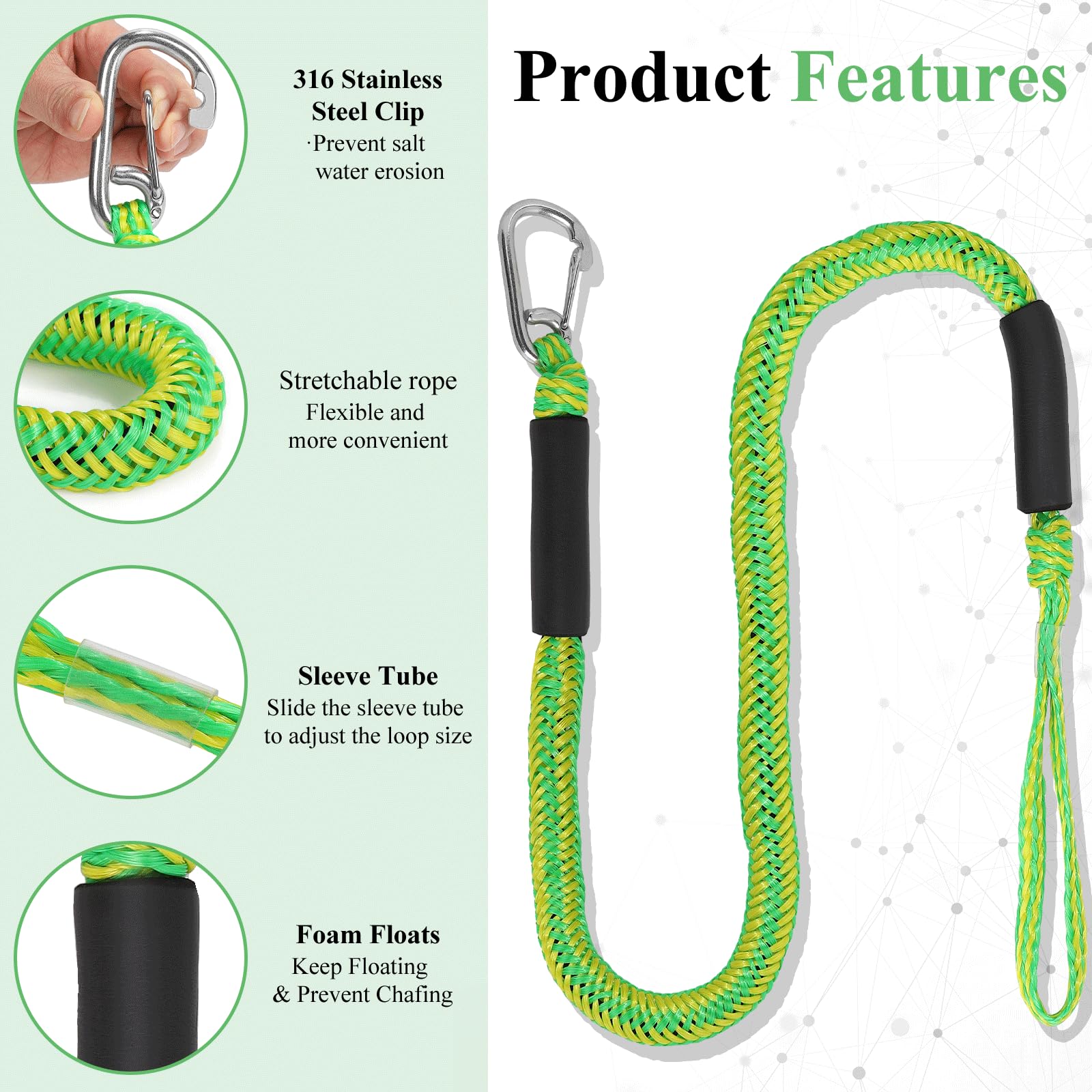 EFUTURETIME 2 x Corde d'Amarrage Bateau 10cm Bungee Corde Kayak Extensible, Dock Line Cord avec Crochet pour Kayak, Bateau à Moteu, Canoë, Pontoon (Vert)