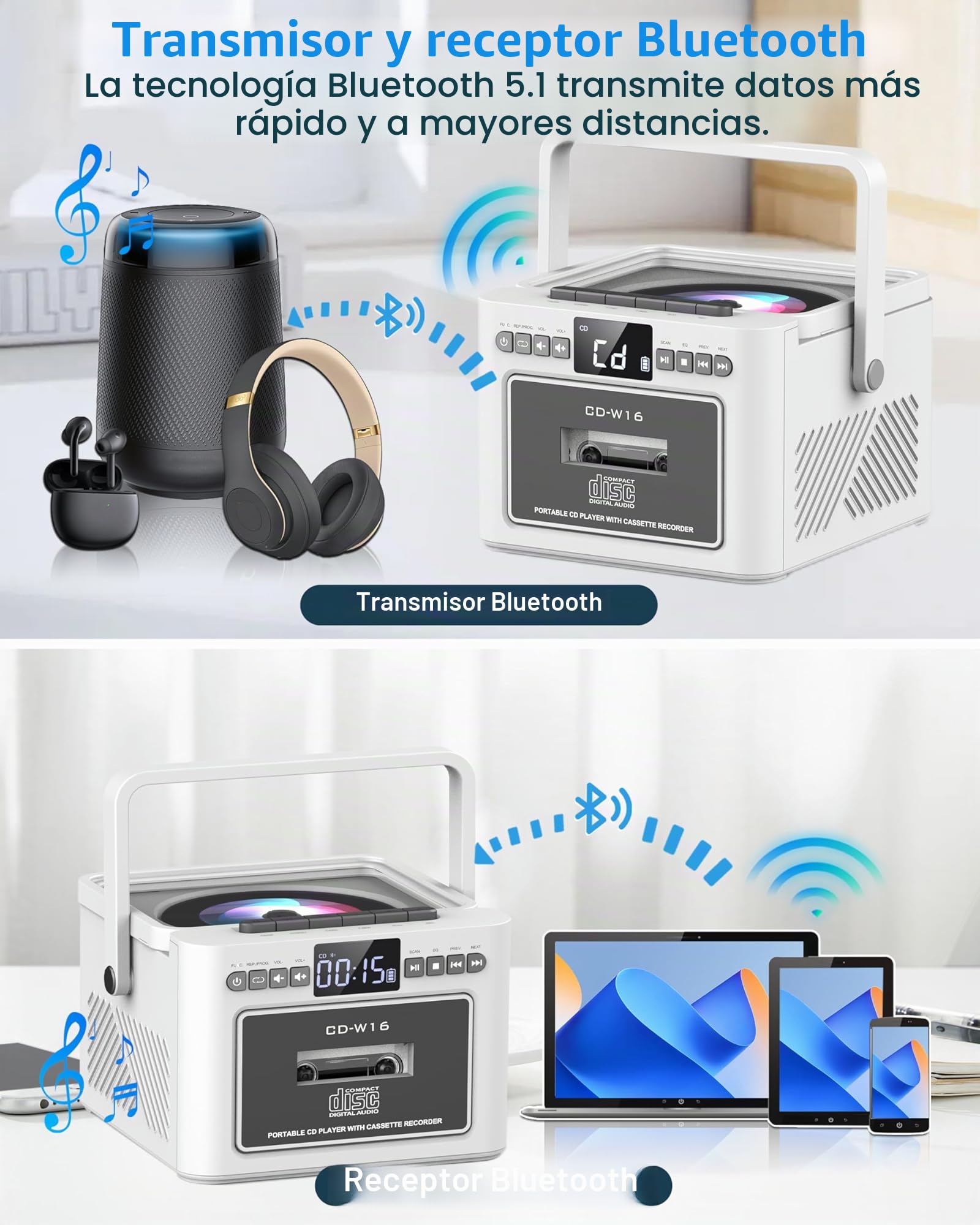 Greadio Boombox - Reproductor de CD portátil, reproductor de casete con radio FM, Bluetooth 5.1, batería recargable de 5000 mAh, control remoto, entrada de tarjeta AUX/USB/SD, altavoz de 5 W, pantalla