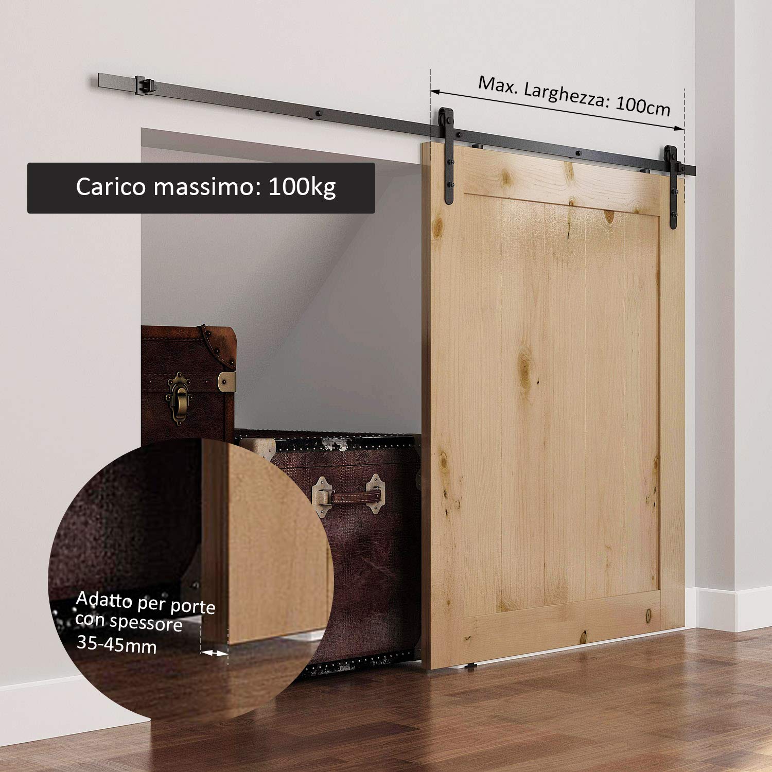 HOMCOM 200cm Binario per Porta Scorrevole Kit Accessori con Binario e Rulli Portata 100kg Acciaio al Carbonio 200×4×0.6cm