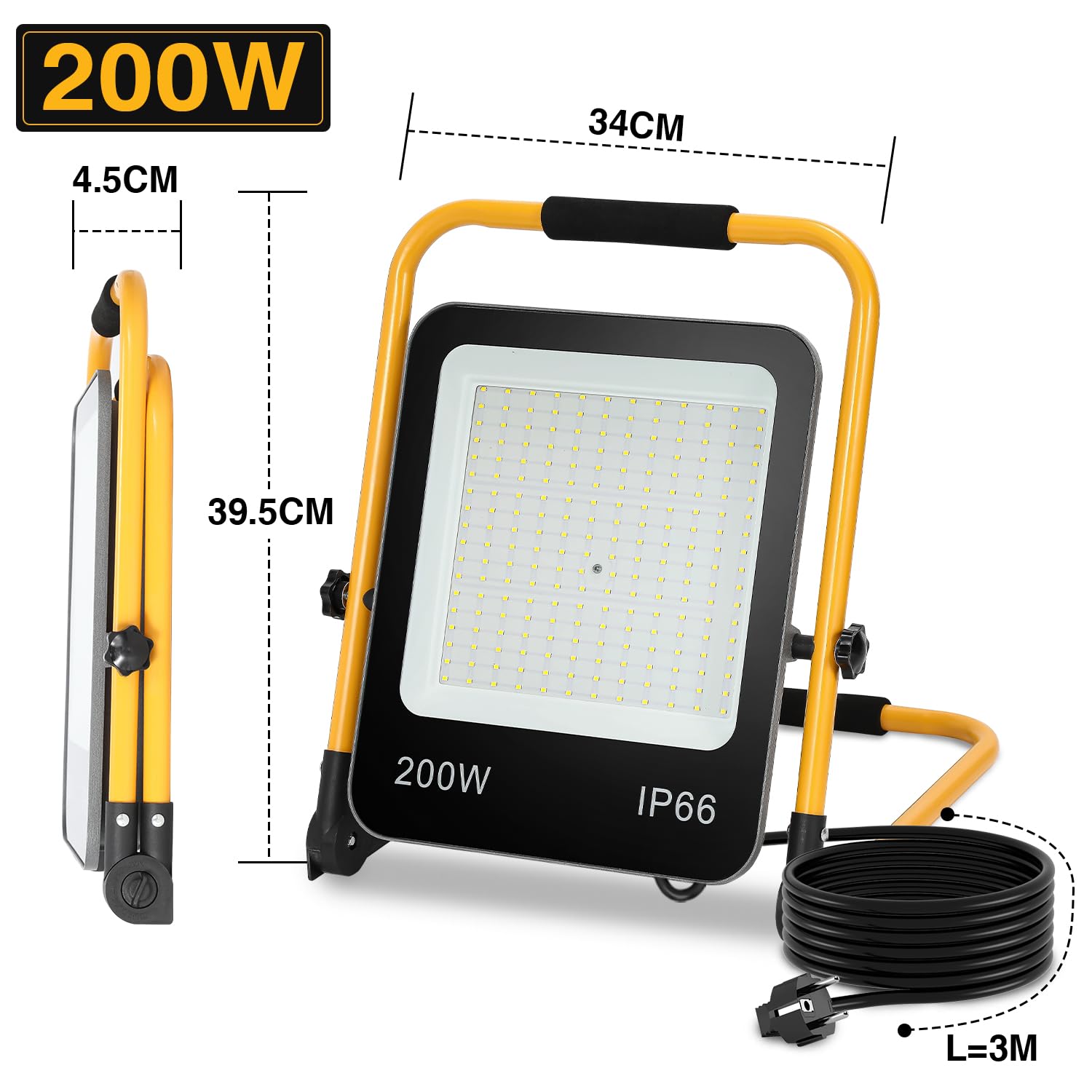 Fiqops 2x LED Baustrahler 200W 16000LM, Baustrahler LED mit stativ und 3m Kabel,LED Arbeitsleuchte mit Stecker,IP66 Wasserdichter Arbeitsscheinwerfer für Garage Werkstatt Baustelle,Kaltweiß