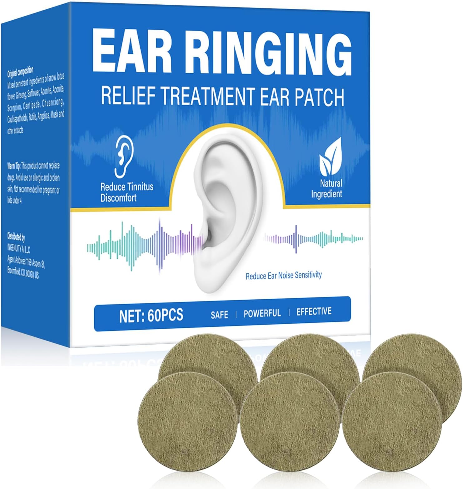 Tinnitus Relief for Ringing Ears, 60 PCS Tinnitus Trêatment Patches, Effectively Reduce Ear Ringing & Noise, Tinitus Ringing Relief Patches with Natural Ingredients, Improves Ear Discomfort