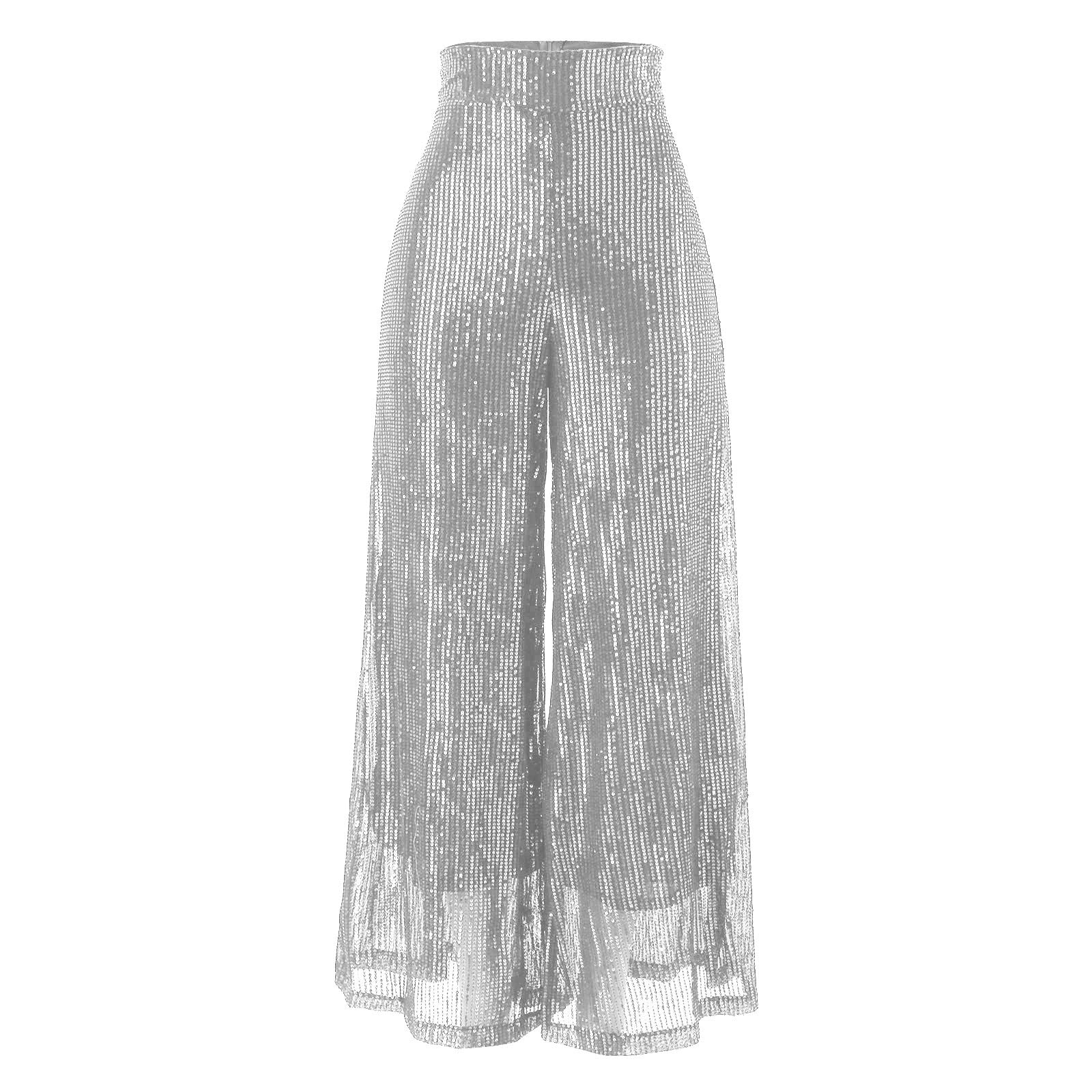 Generico Pantaloni Glitterati Donna Paillettes Zampa Gamba Completo Curvy vestibilità Comoda Pantalone Elegante Culotte Larghi Pantaloncini Brillantini Extra Lunghi con