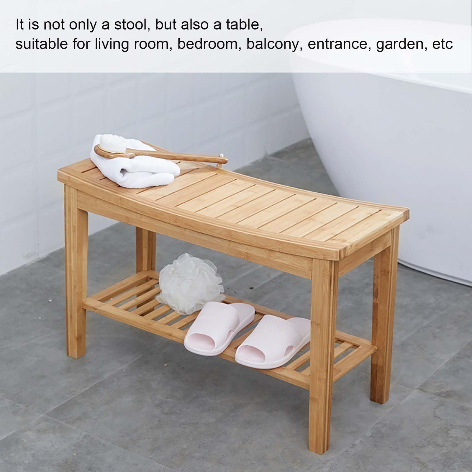 HOMCOM Bamboo Shower Bench Bathroom Stool Spa Bath Organizer Seat W/ Shelf - Natural Wood