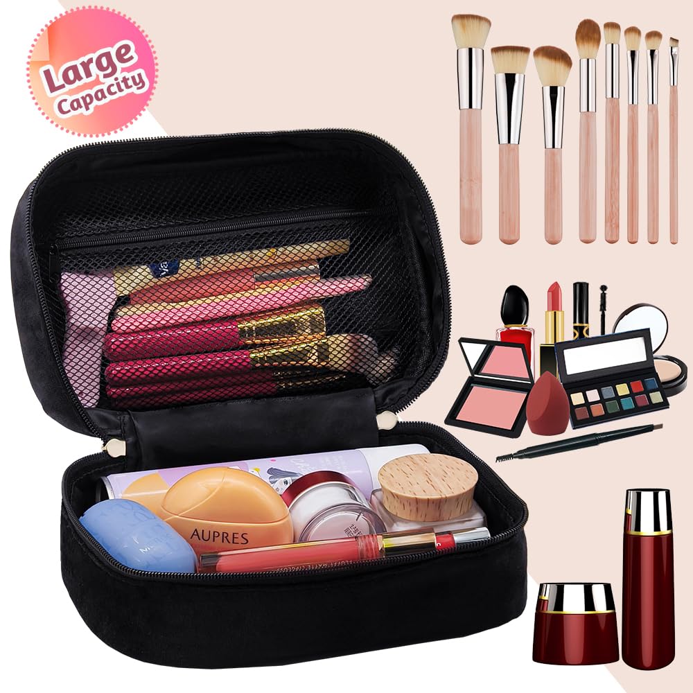 Makeup Bag,SULIHUA Travel Cosmetic Bags,Plush Makeup Brush Bag with Compartments PU Leather Handle Big Storage - Image 4