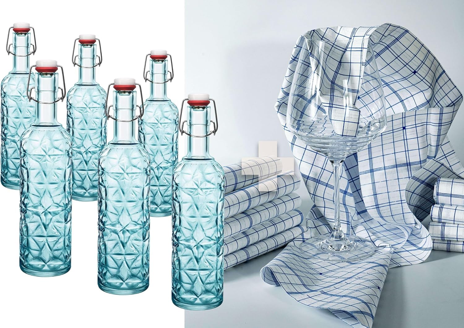 LGC Bundle | 12 bottiglie Bormioli Rocco Oriente in blu, con chiusura a leva, 1 litro + 1 panno asciutto in microfilamento