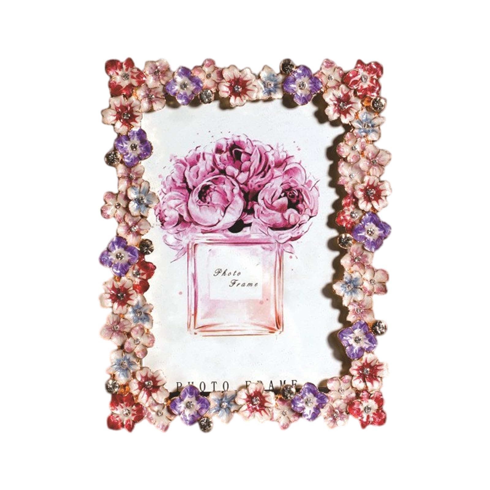 Modern Floral Accent Metal Frame with for Tabletop Shelf Flower Enameled Photo Frame