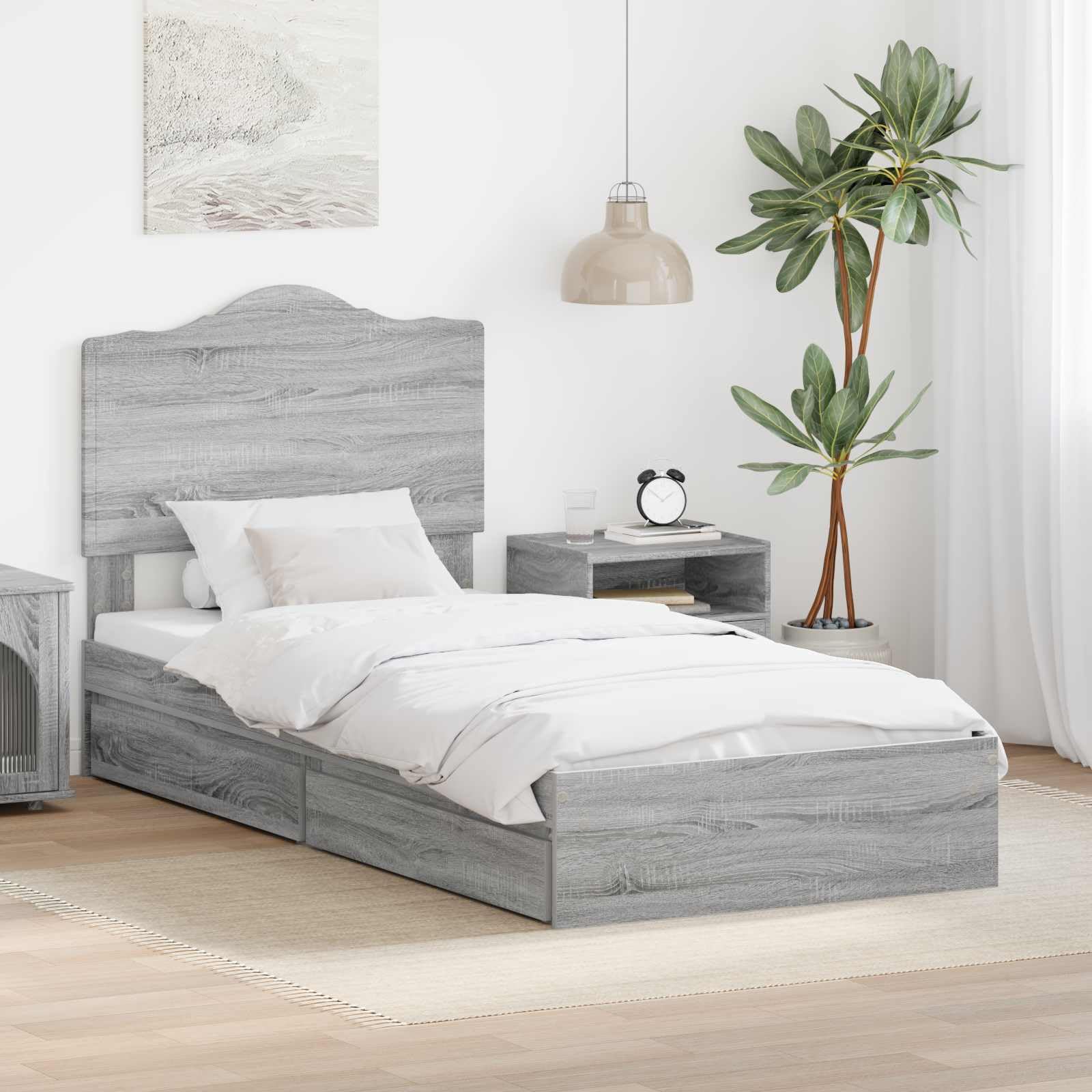 vidaXL Storage Bed with Drawer Grey Sonoma 75 x 190 cm Engineered Wood, Modern, Rectangular Bed Frame for Stylish Sleeping Space, Durable Engineered Wood Platform, Customized Width Solution