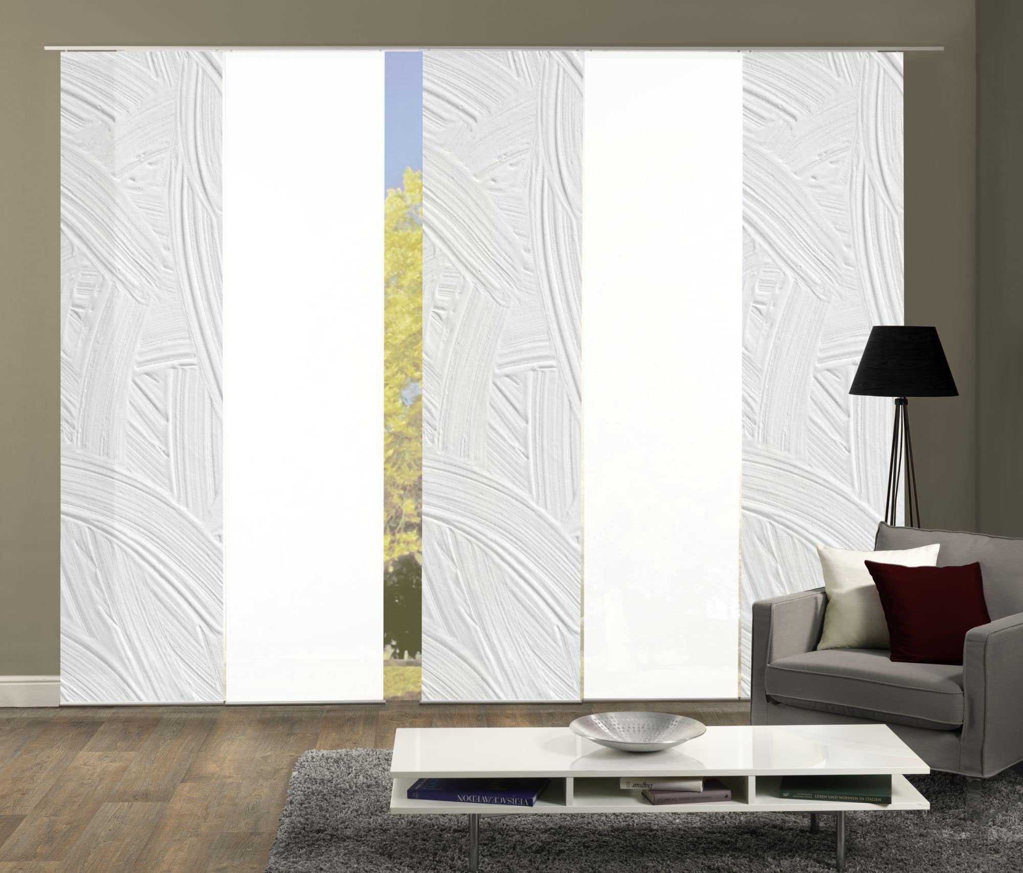 5er-Set Flächenvorhänge MARIE blickdicht, Höhe 245 cm, weiß/grau