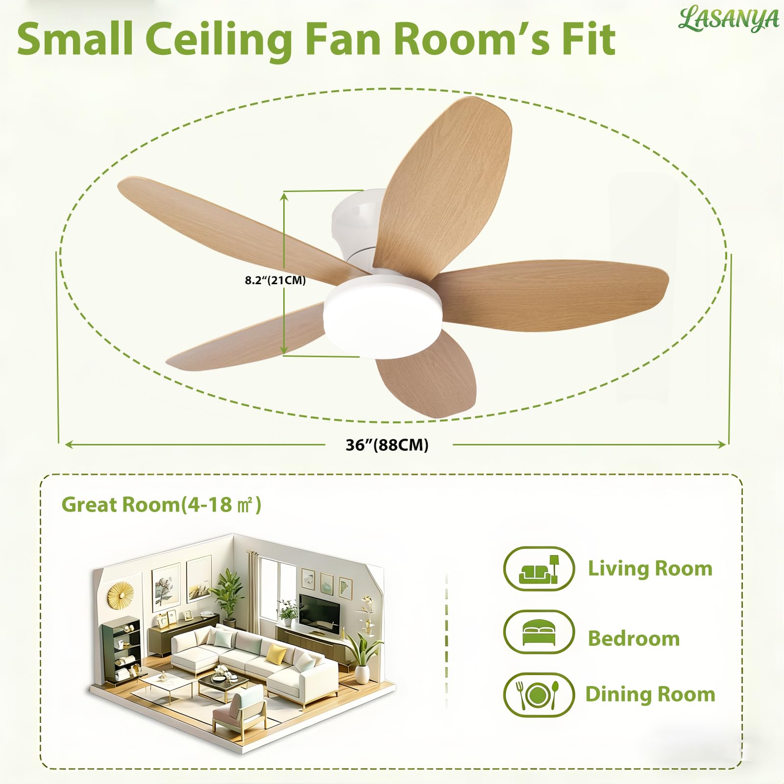 Ventilatore da Soffitto con Luce e Telecomando Soggiorno Lampadario Ventilatore da Soffitto a 5 Pale Dimmerabile Per Camera da Letto Reversibile, 6 Velocità, Motore DC-White-Wood||88CM