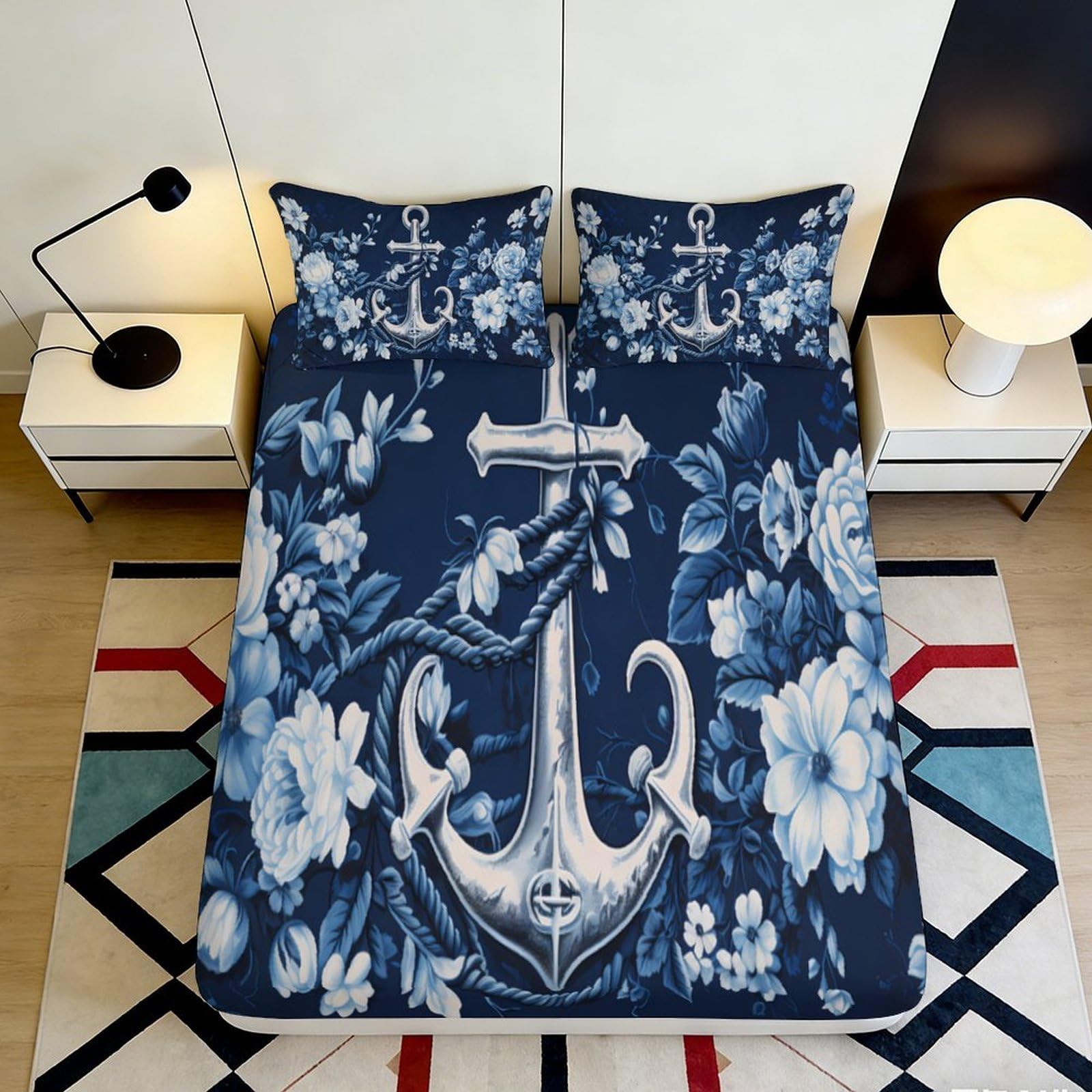 3D Printed Nautical Anchor Floral Fitted Sheet Microfiber Deep Pocket Non-Slip Nautical Mattress Fitted Cover Bedroom Adult Youth 200x200x25cm 90x200x25cm
