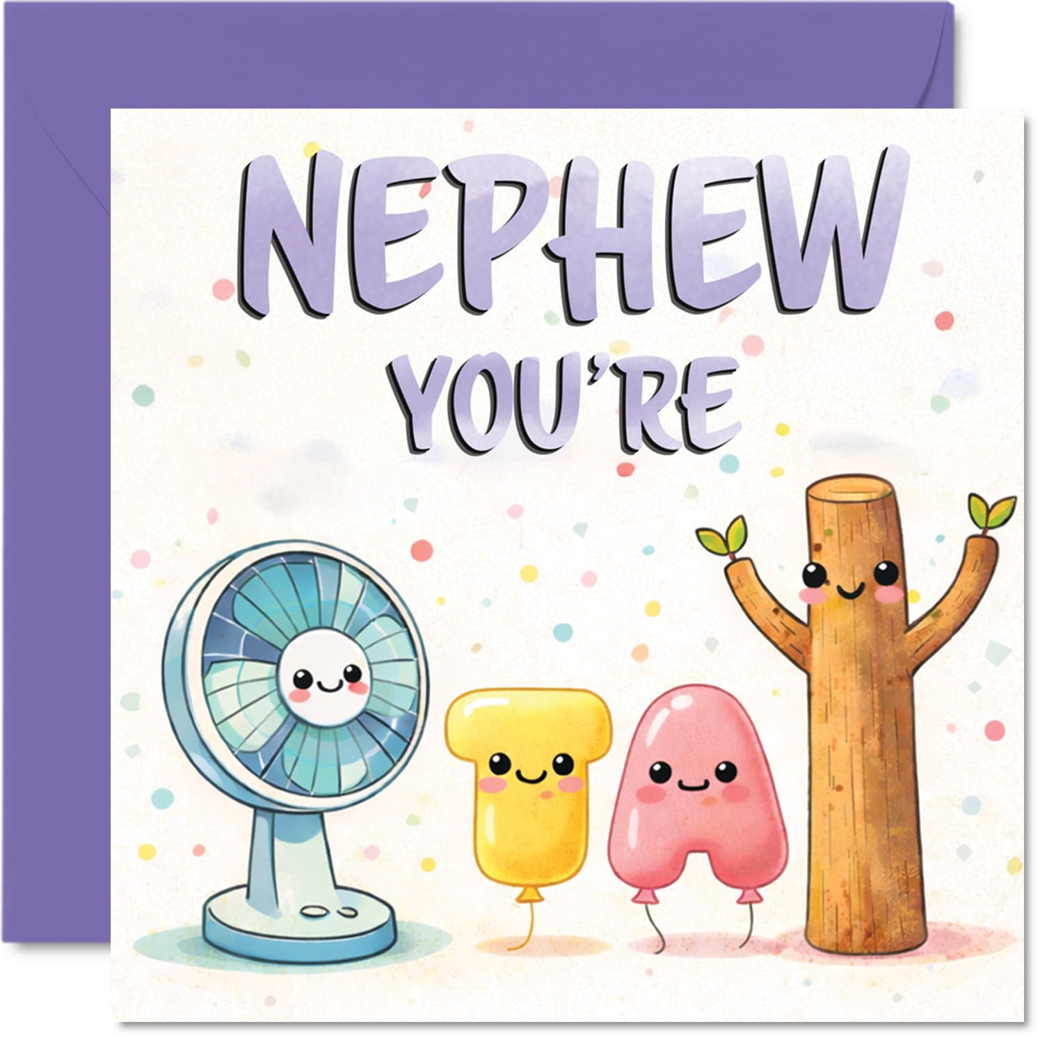 Playful Birthday Card for Nephew - Bursting with Fun - Playful Cute Characters in Pastel Purple - Cheers to a Brilliant Nephew - 145mm Square, Envelope Included