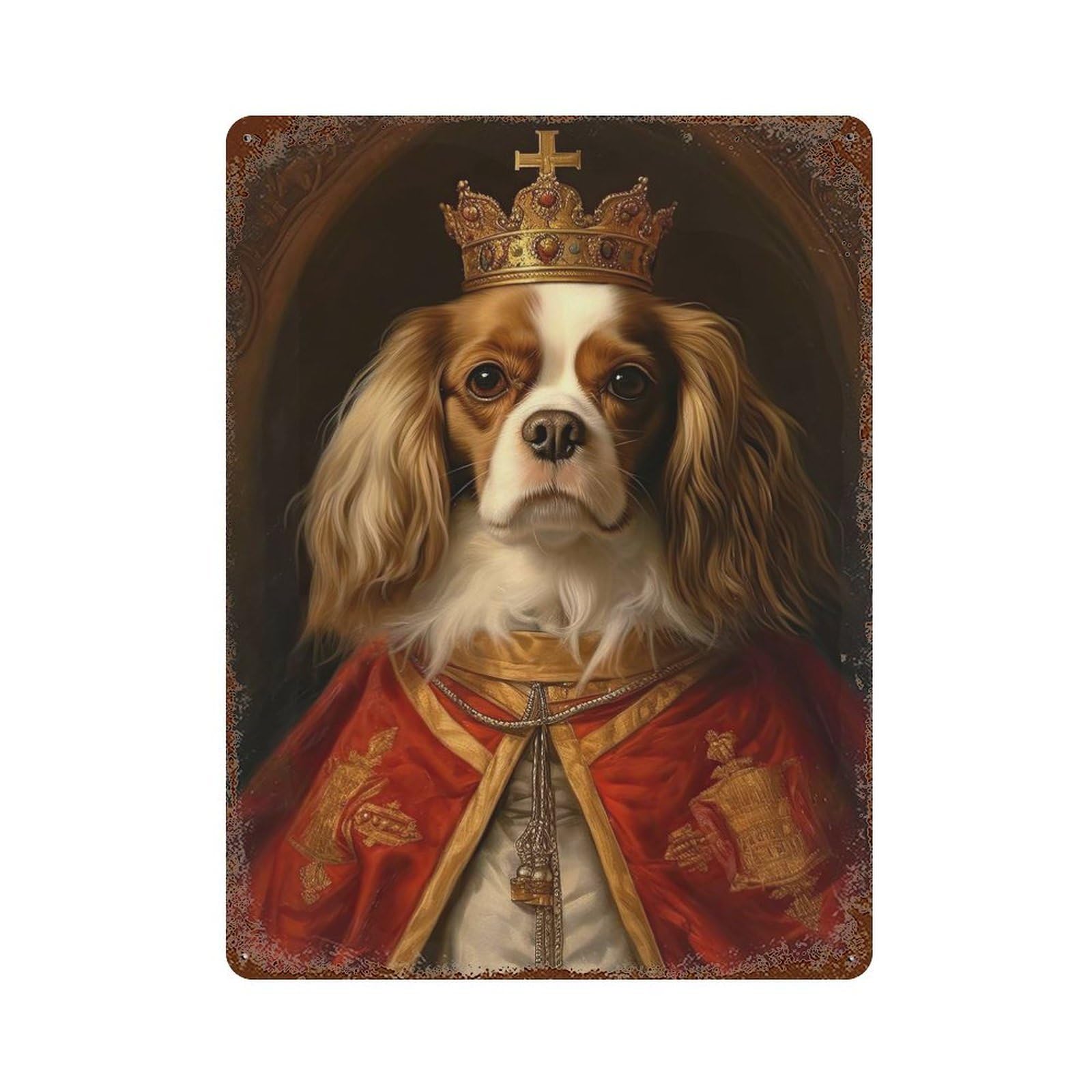 Aged Metal Wall Plaque with Cavalier Dog The Pope Design 15.7"x11.8", for Garage, Bar And Workshop Decor, Rustic Home Decor