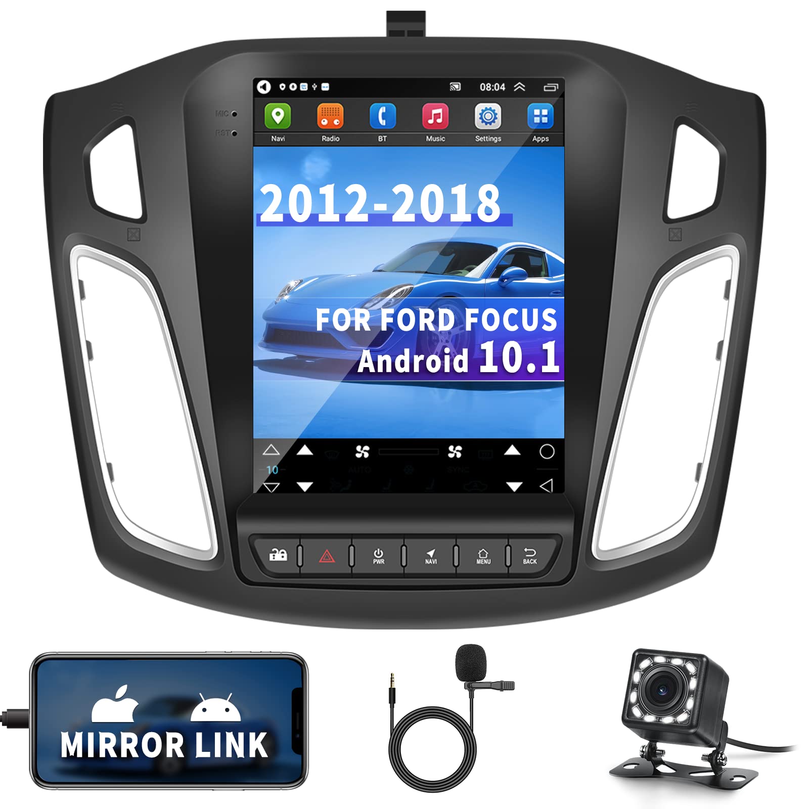 Android 10.1 Car Stereo for Ford Focus 2012-2018,9.7 Inch Vertical Capacitive Touch Screen Car Radio with WiFi GPS Navigation DSP Mirror Link Bluetooth FM Radio SWC External Microphone +Backup Camera