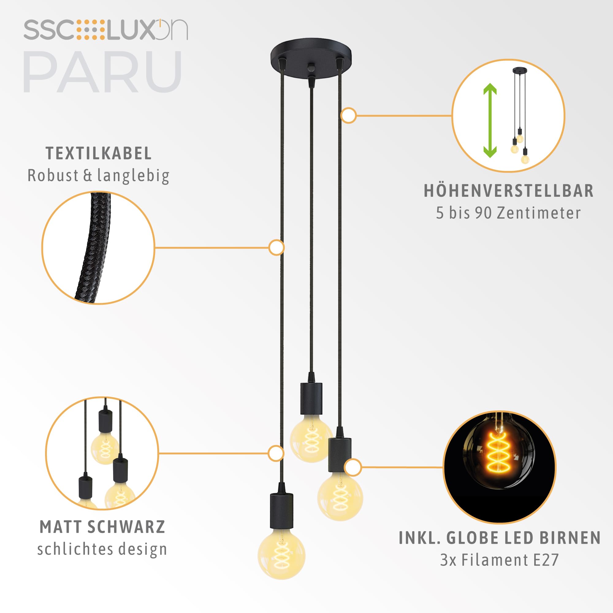 SSC-LUXon PARU Hängeleuchte 3-flammig Retro - Industrial Style Pendellampe mit Textilkabel inkl. Globe E27 Filament LED Leuchtmittel
