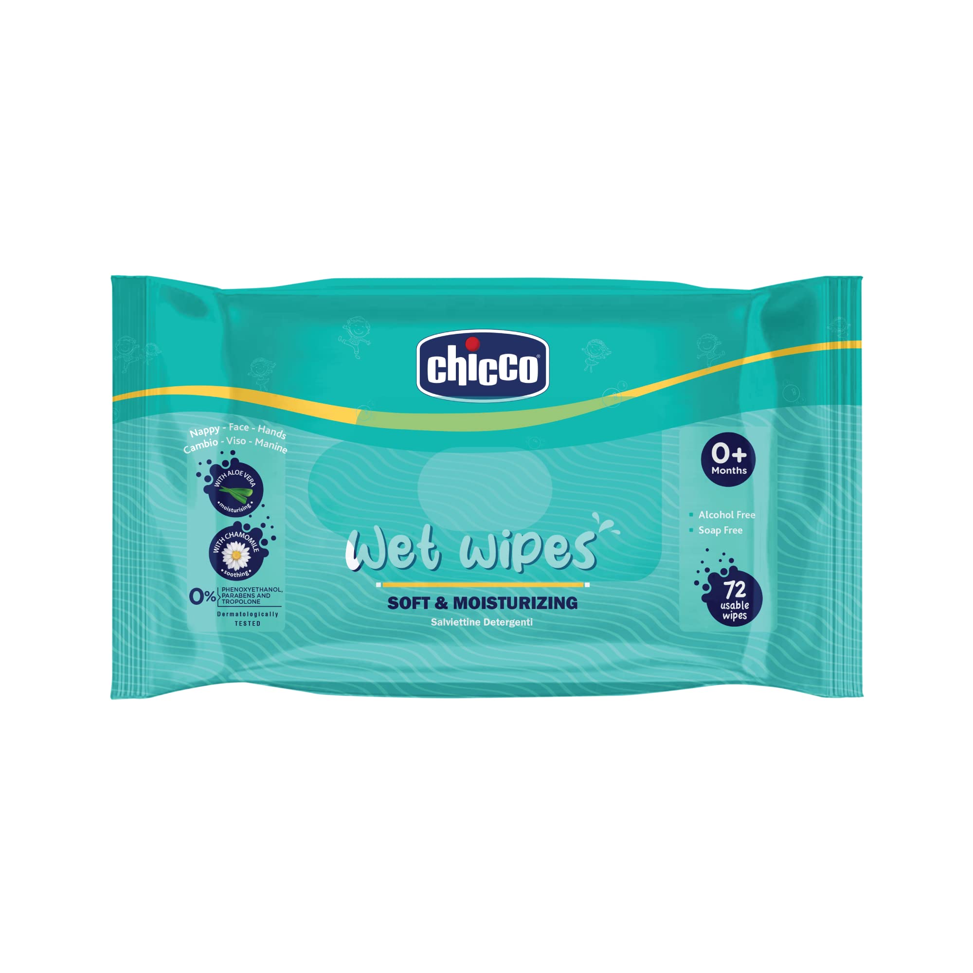 Chicco Soft and Moisturising Baby Wet Wipes, 72 Pieces, Resealable Sticker  Pack Baby Wipes for Nappy, Face and Hands Dermatologically Tested No
