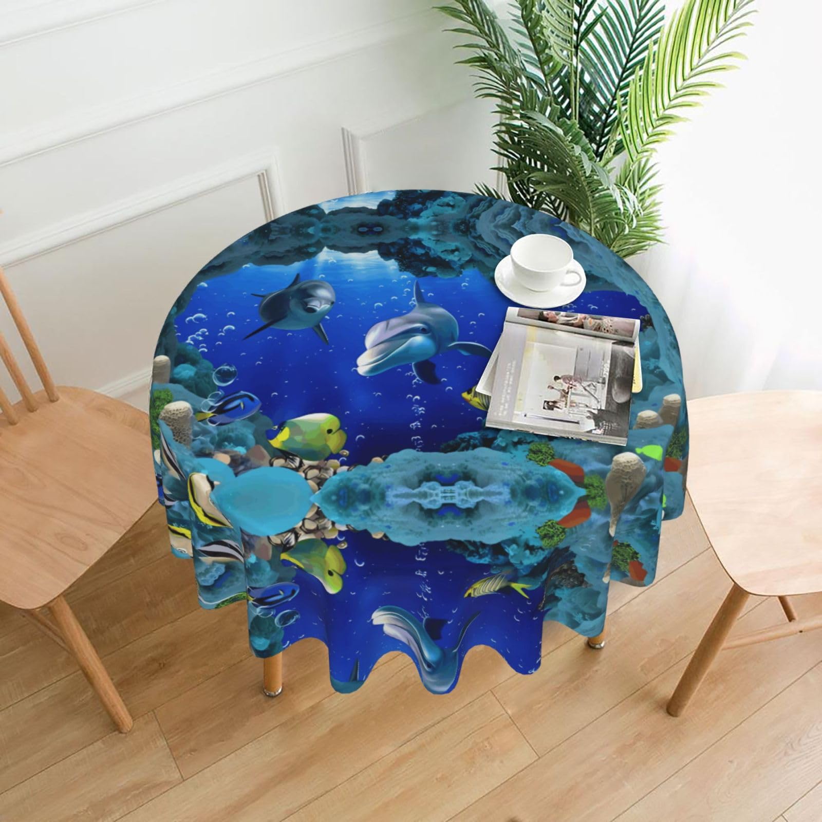 WHJSSF Underwater world fish dolphi Prints Round Decorative Tablecloth 60in - Elevate Your Dining Experience with a Stylish & Protective Table Throw
