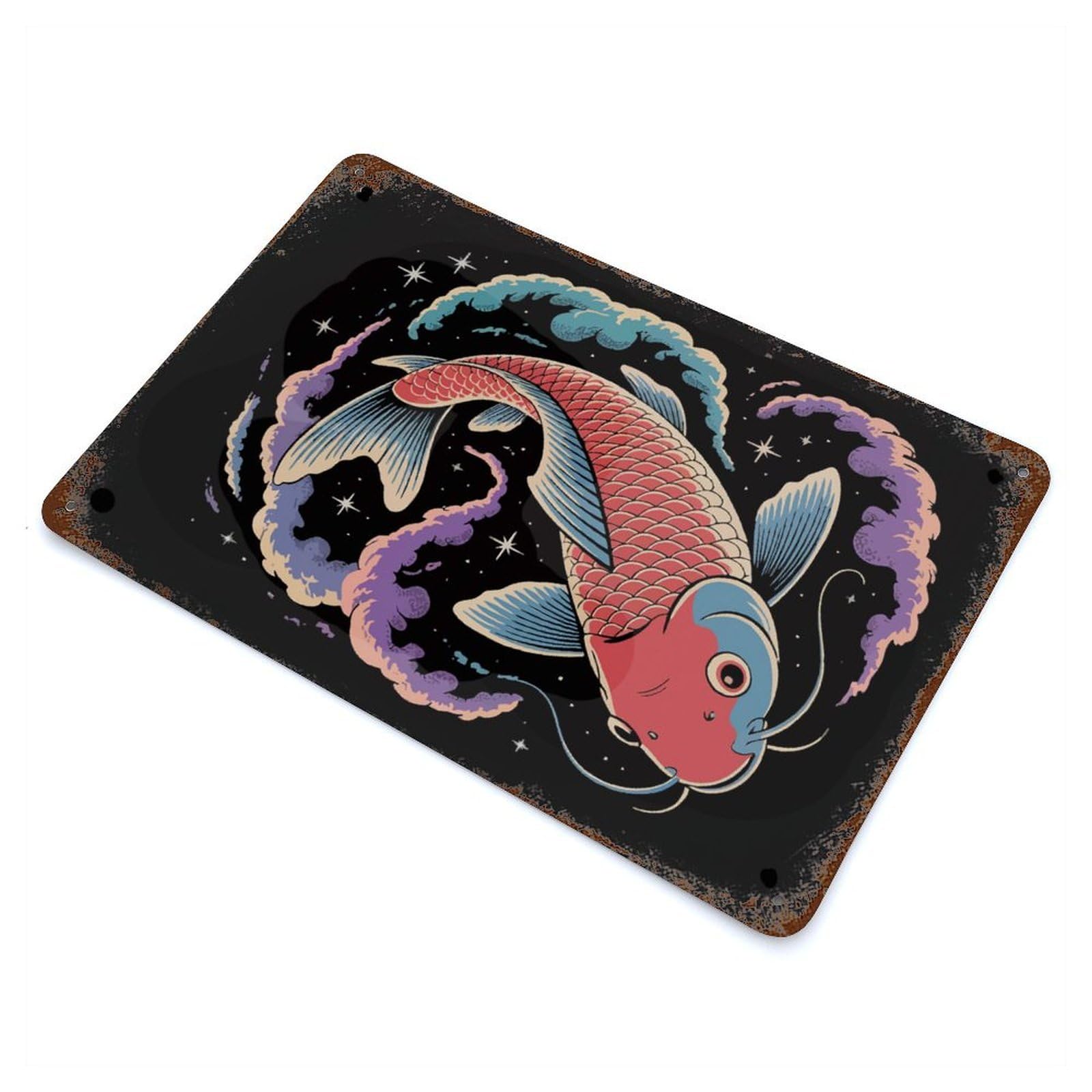 Rust Effect Koi Fish in Cosmic Waters Vintage Rust Metal Sign 11.8"x7.9", Farmhouse Wall Decor for Basement, Hobby Room And Garage Decor