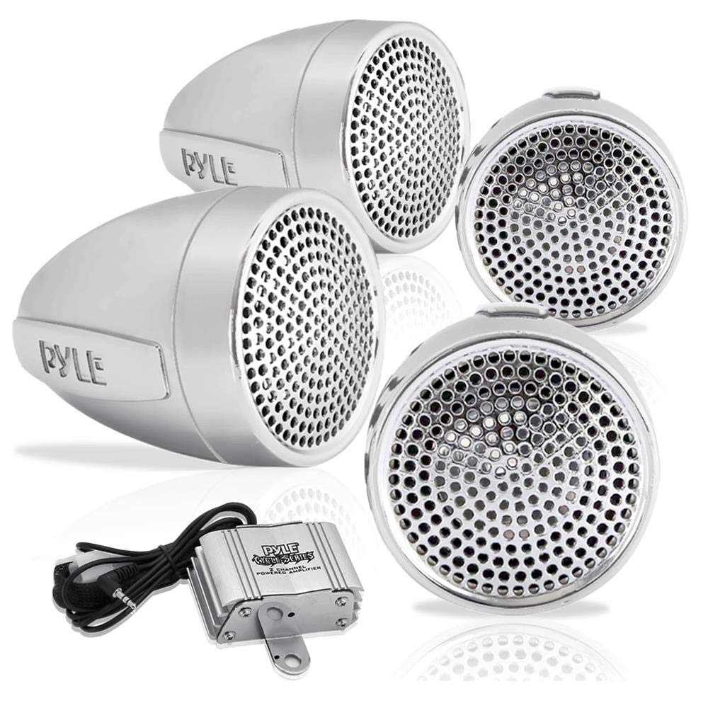Pyle PLMCA90 1200 Watts Motorcycle/ATV Amplifier with Dual Handle-Bar Mount Weatherproof Speakers, MP3/iPod Input, USB Charger - Set of 4