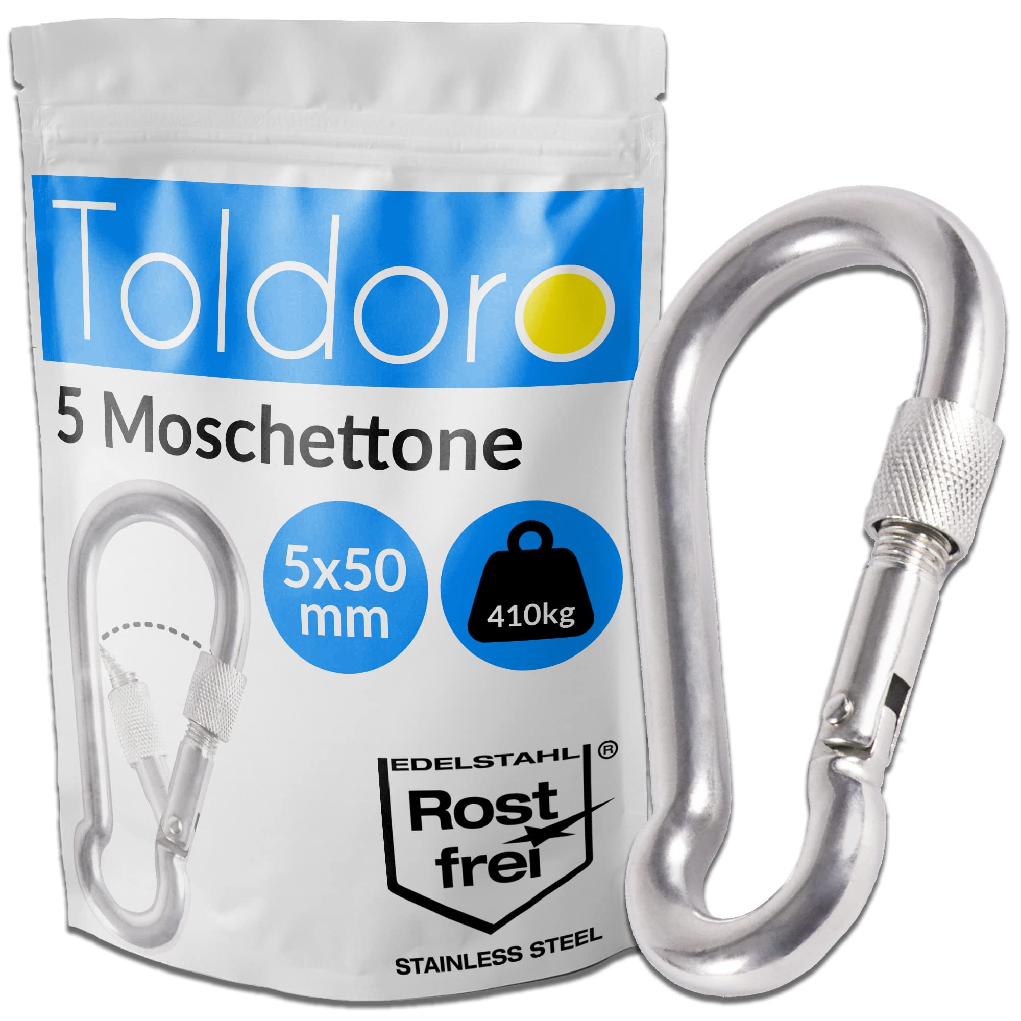 Toldoro Moschettone in acciaio inox con chiusura di sicurezza, moschettone 70 mm, moschettone per il fissaggio, moschettone in acciaio inox con chiusura