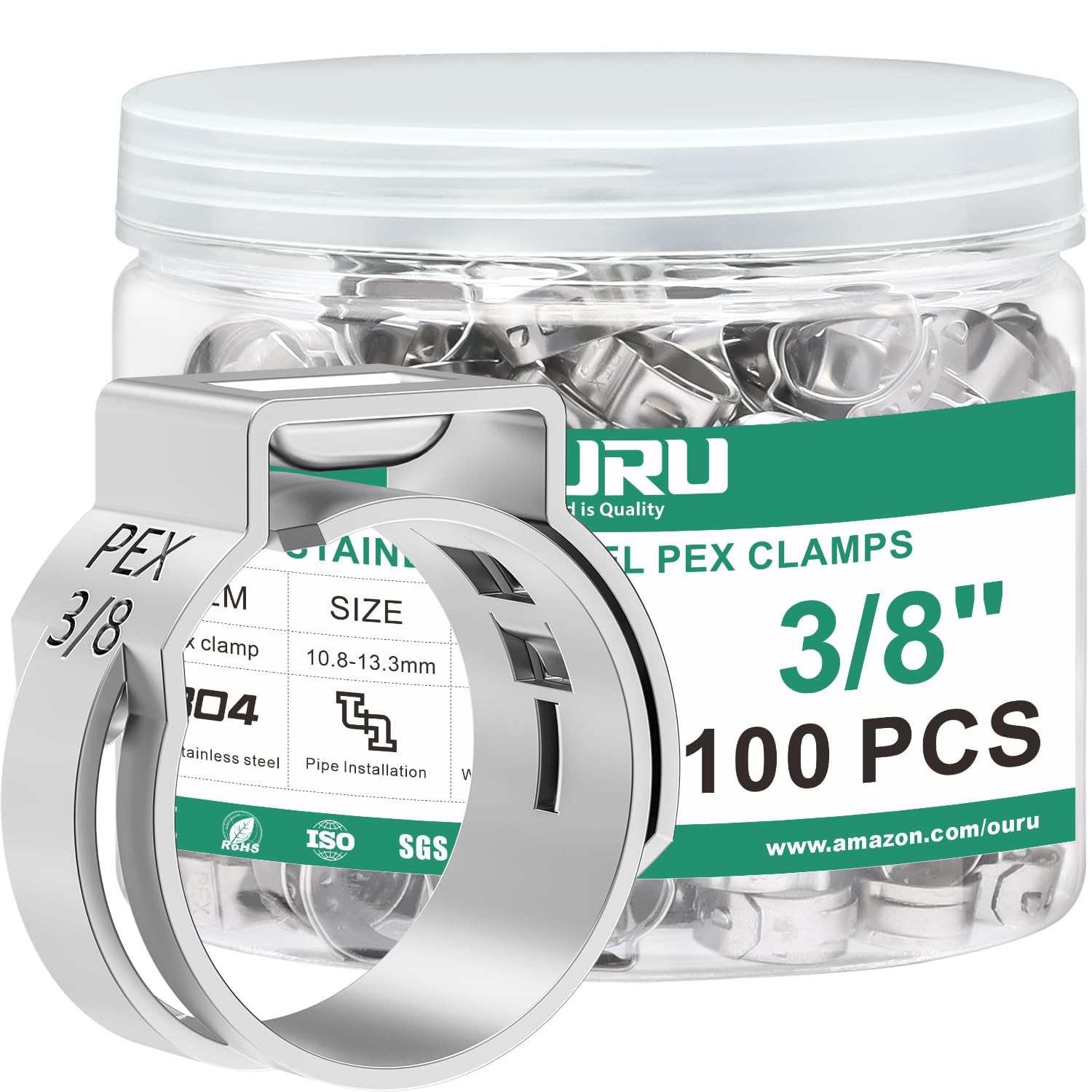 OURU Lot De 100 Colliers De Serrage En Acier Inoxydable 304 Pour Raccords Pex 3/8