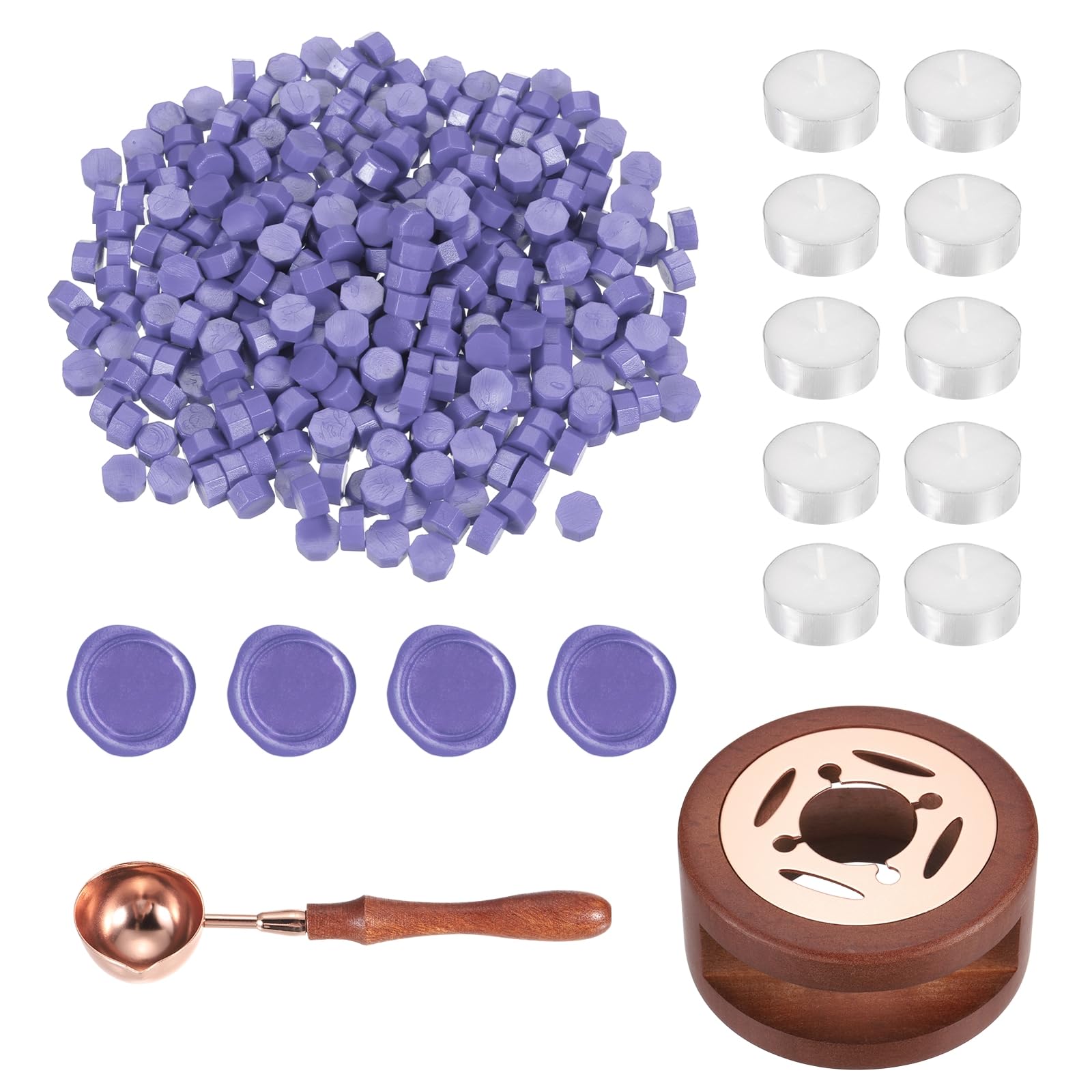 PATIKIL Wax Seal Kit, 300 Pcs Wax Sealing Beads, Wooden Warmer, Melted Spoon, 10 Pcs Tealight Candles for Envelope Letter Mailing Crafts DIY, Pearl Purple