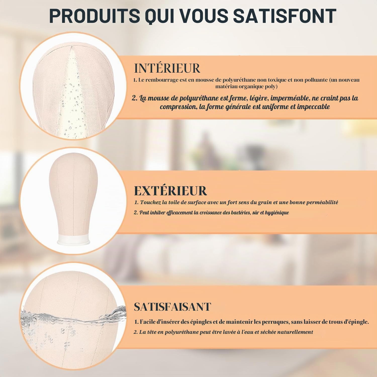 Tête de perruque 58 cm, tête décorative avec support 160 cm, mannequin en toile, pince de table, stylos T et brosse à cheveux, beige