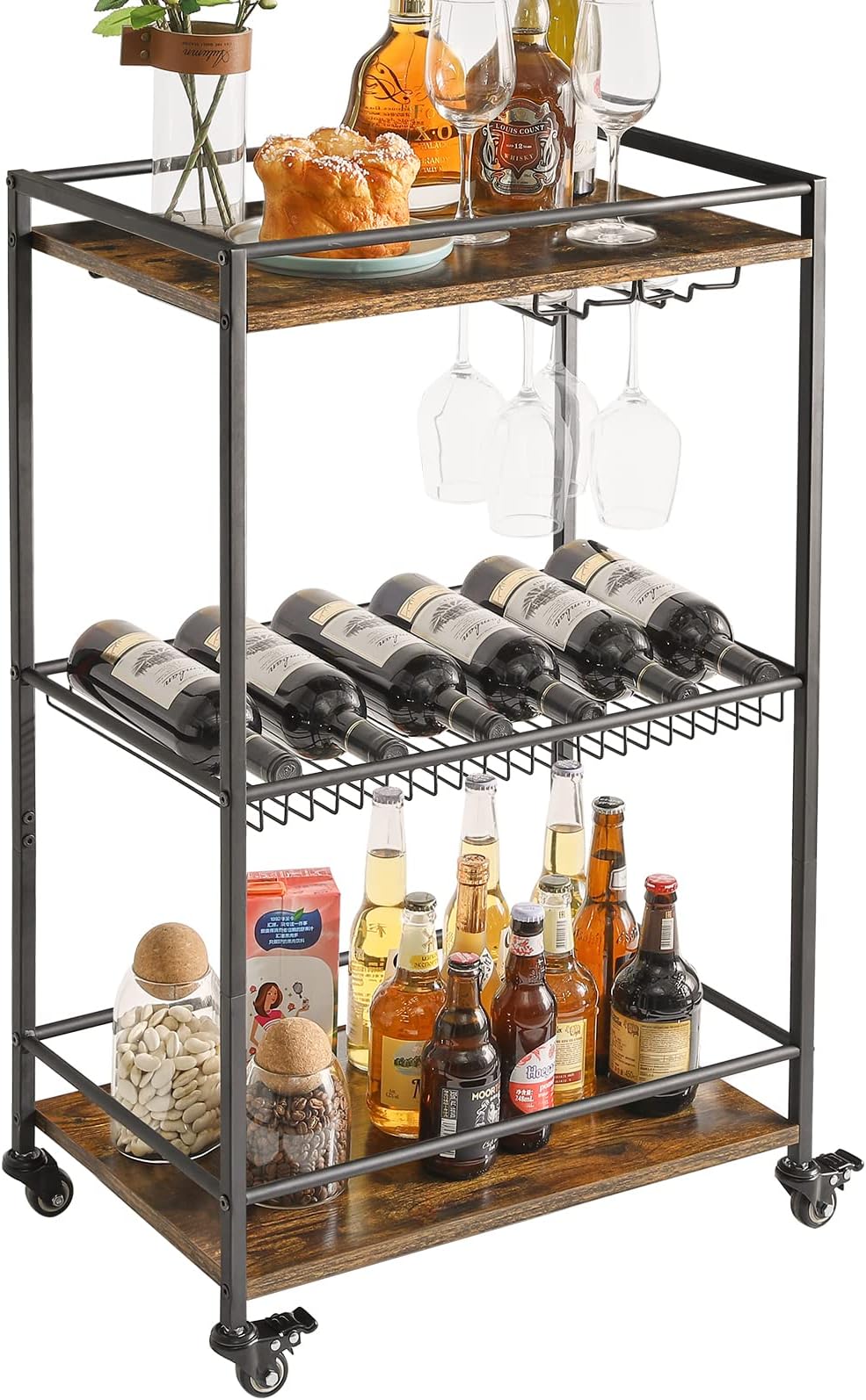FERFALDER Home Bar Servierwagen 3 Etagen - Chrom/Glas, 76x45x80cm