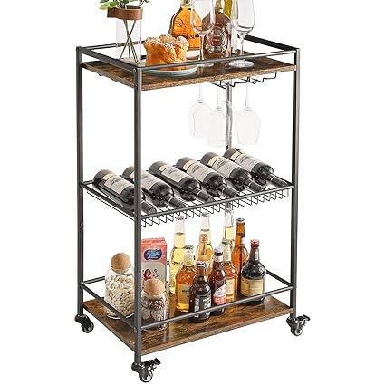 IBUYKE Industrial Bar Carts for The Home,Wine Rack Table,Mobile Bar Serving Cart with Wheels, 33.5 x 22.8 x 13.4 Inches,Mini Bar for Outdoor, Living Room, Kitchen TMJ911H-