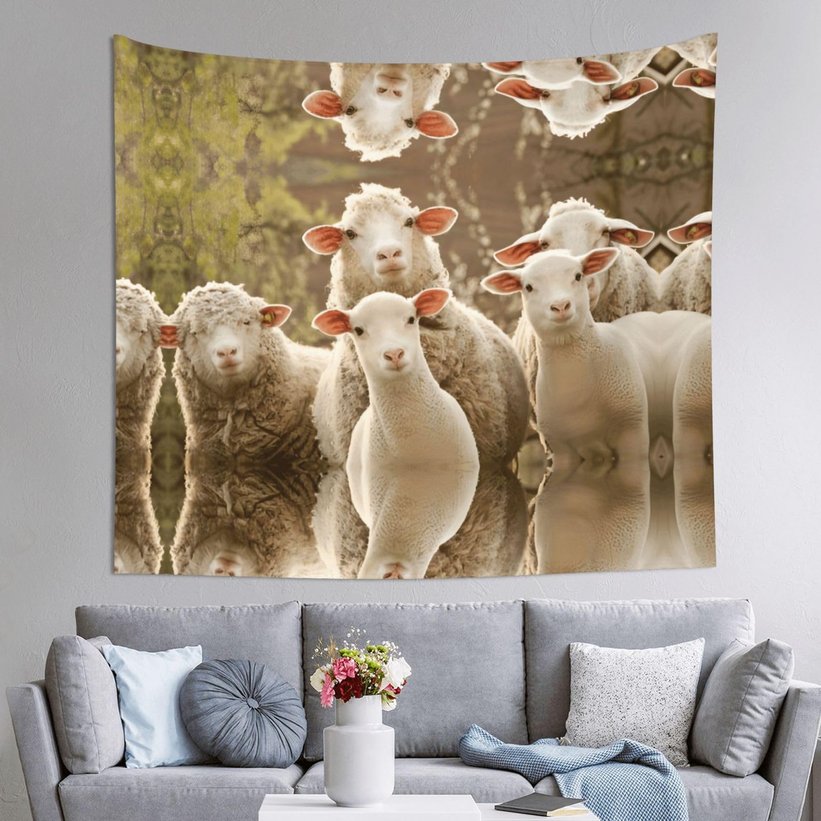 HLSBSSL 60x51in Sheep And Lambs Printed Tapestry Tablecloth for Dormitory and Picnic Rooms - Multifunctional Fabric Hanging