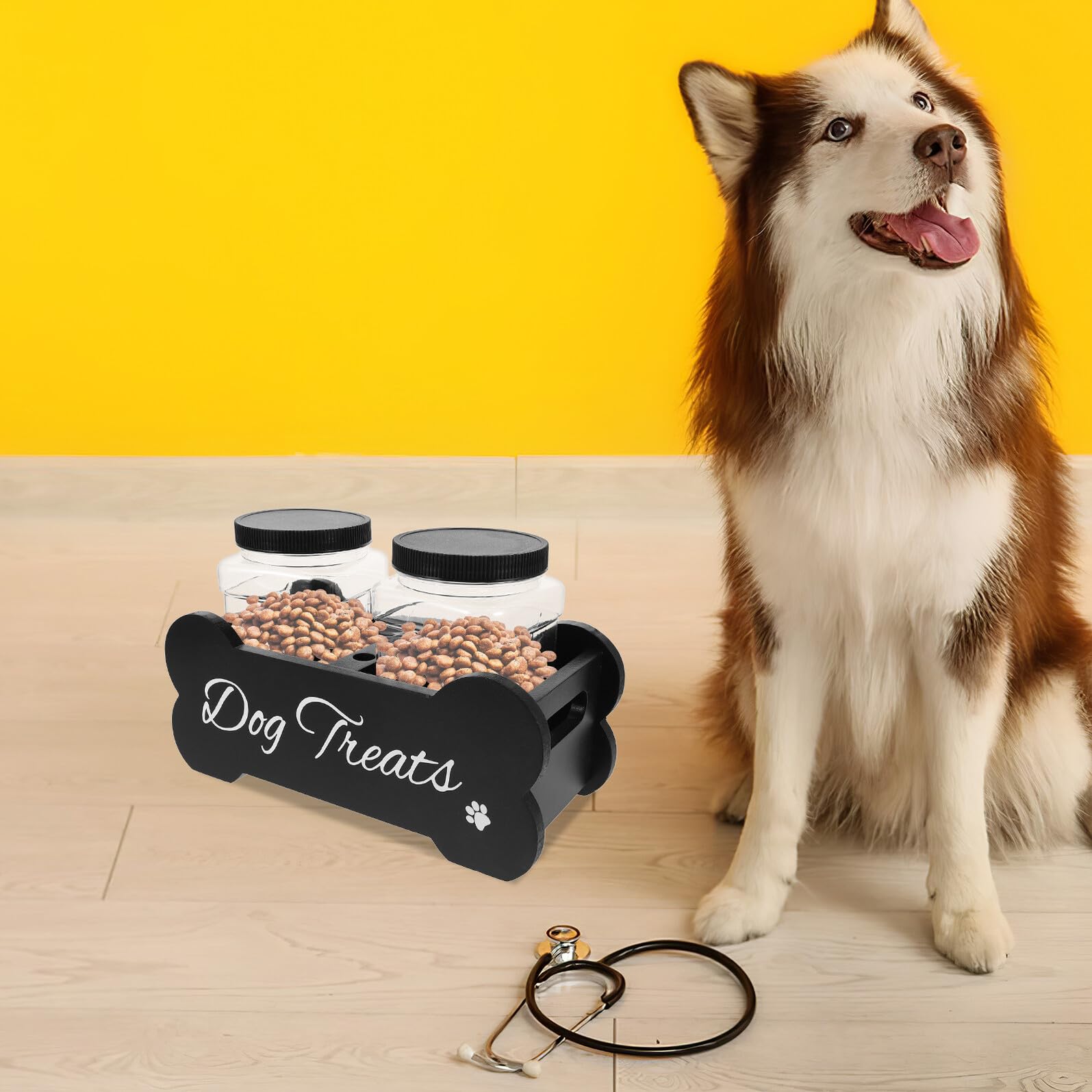 Holz Hundeleckerli Box mit Luftdichtem Verschluss Großer Stauraum für Haustiersnacks Robuster Holzständer für Futteraufbewahrung für Mehrere Hunde Praktische Hund Futterstation