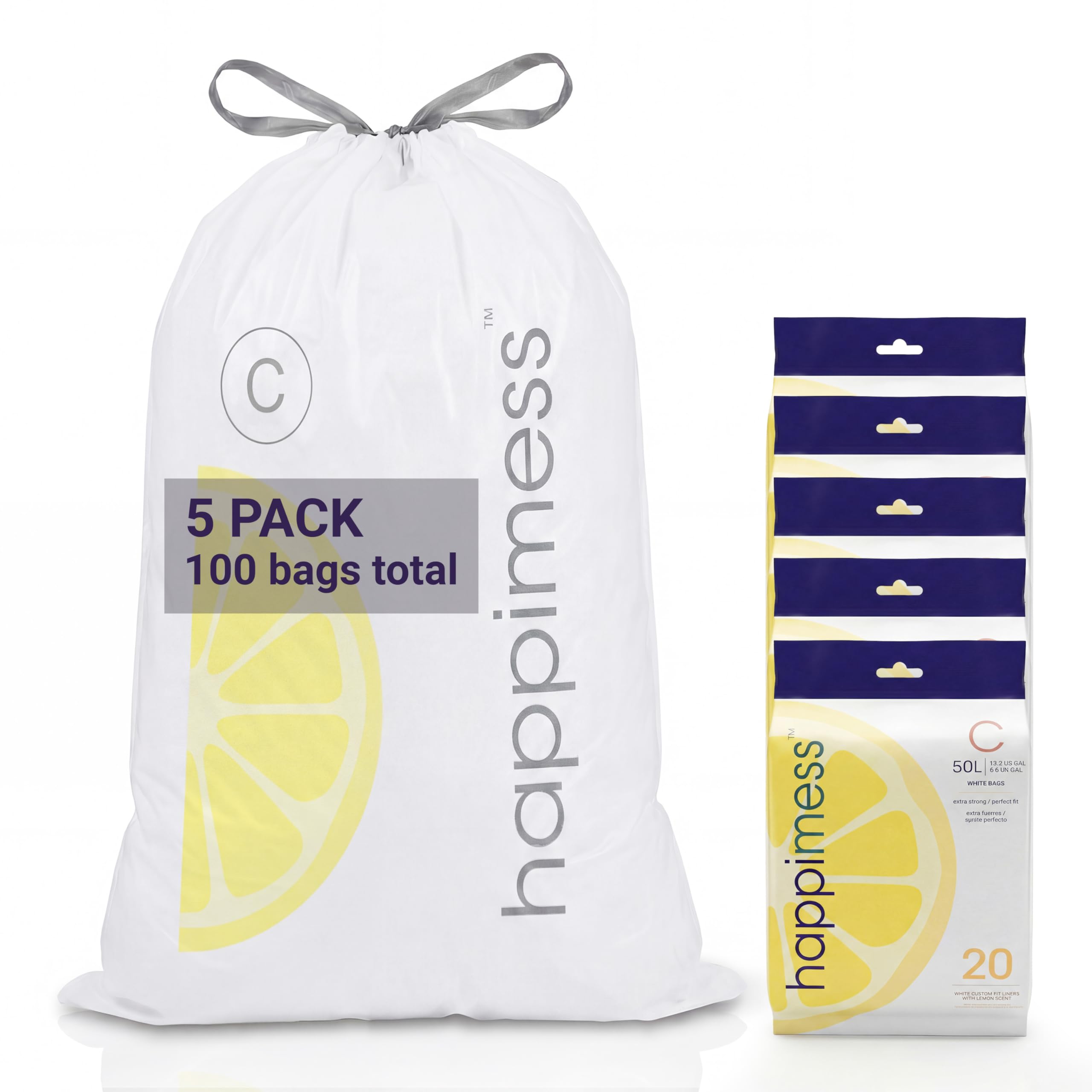 happimess White (Lemon Scented) / 100 Count (Pack of 1) / 13.2 gallons Trash Bags