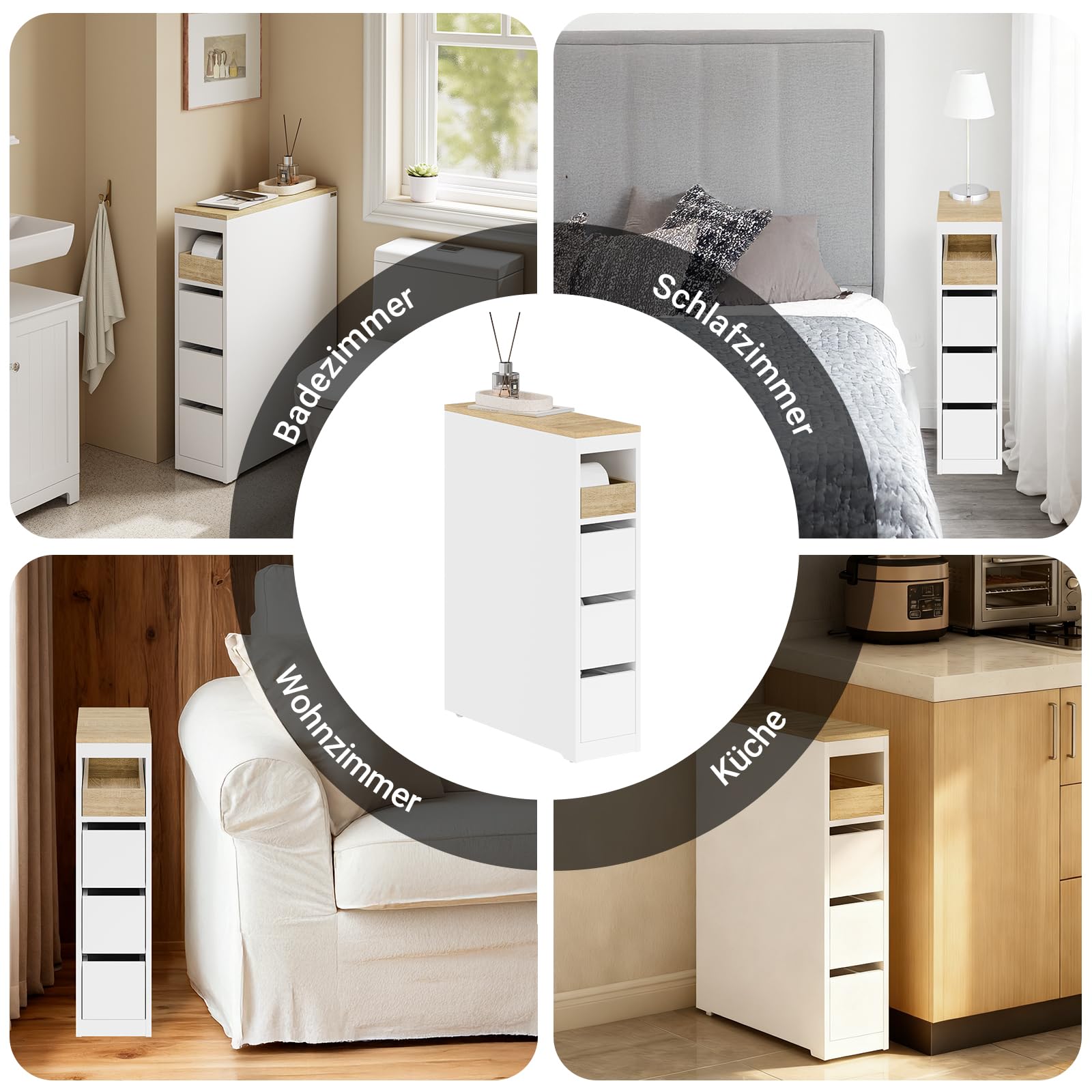 SoBuy Badezimmerschrank mit Rollen, 20 cm Schmaler Nischenschrank mit 3 Schubladen, Kompakte Badregal aus Holz, Beweglicher toilettenschrank für kleine WC en Küche, Weiß, 60x20x82,3cm, BZR54-K-W