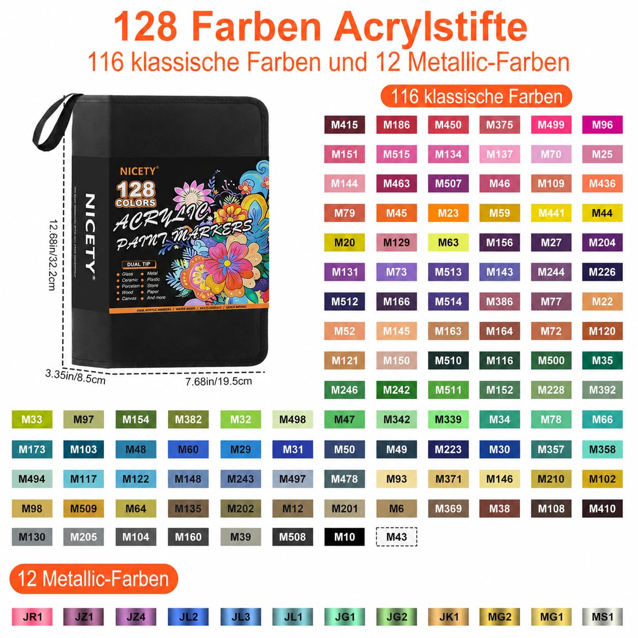 NICETY 128 Acrylstifte für Steine Wasserfest - Dual Tip Acrylmarker Multimarker für Steine Bemalen Holz Stein Stoff Leinwand Glas Keramik, 0.5-5mm Acrylfarben Stifte Acrylic Paint Marker Set