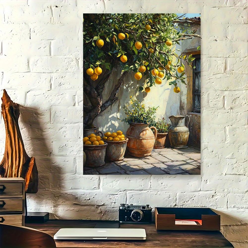 LSYALUCK Canvas Artwork Modern Vintage Canvas Print Featuring a Lively Lemon Tree Adorned for Home Office Decoration(60x90cm(24x35in)/InnerFrame)