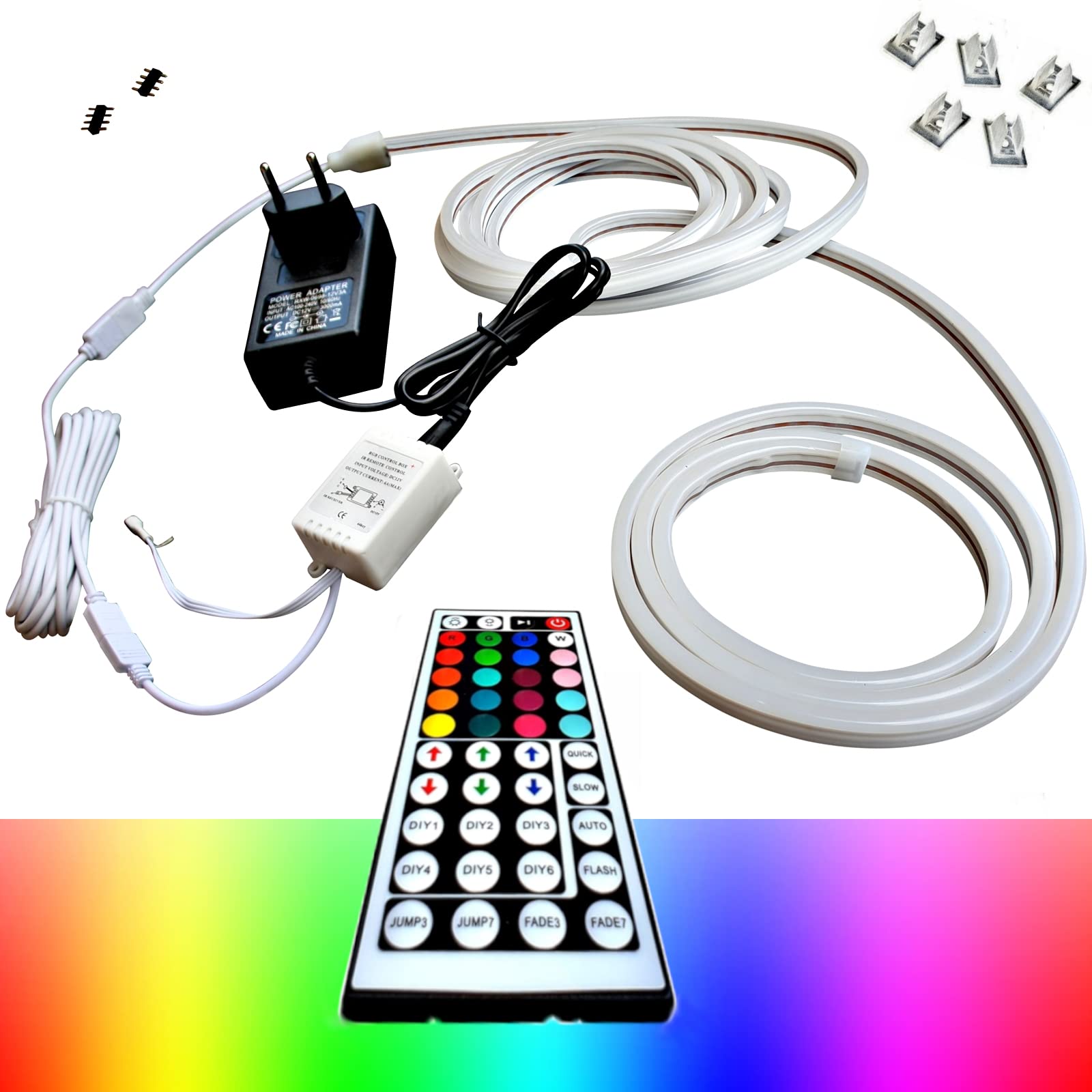 1-5 m RGB 12V / 230V Netzstecker + Verlängerung (3m) LED Streifen Stripe Licht Unterbankbeleuchtung Saunabeleuchtung Saunalampe (2m - m/36,99€)