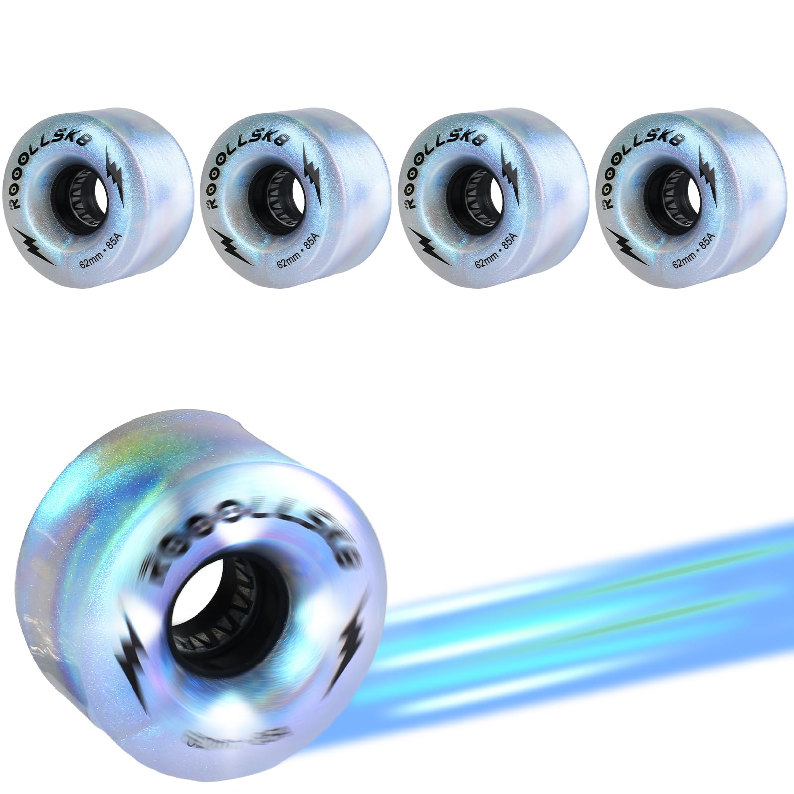 Rooollsk8 Roller Skate Wheels Light up Skate Wheels Indoor and Outdoor Glow Quad Skate Wheels 85A 62MM (pearl sliver)