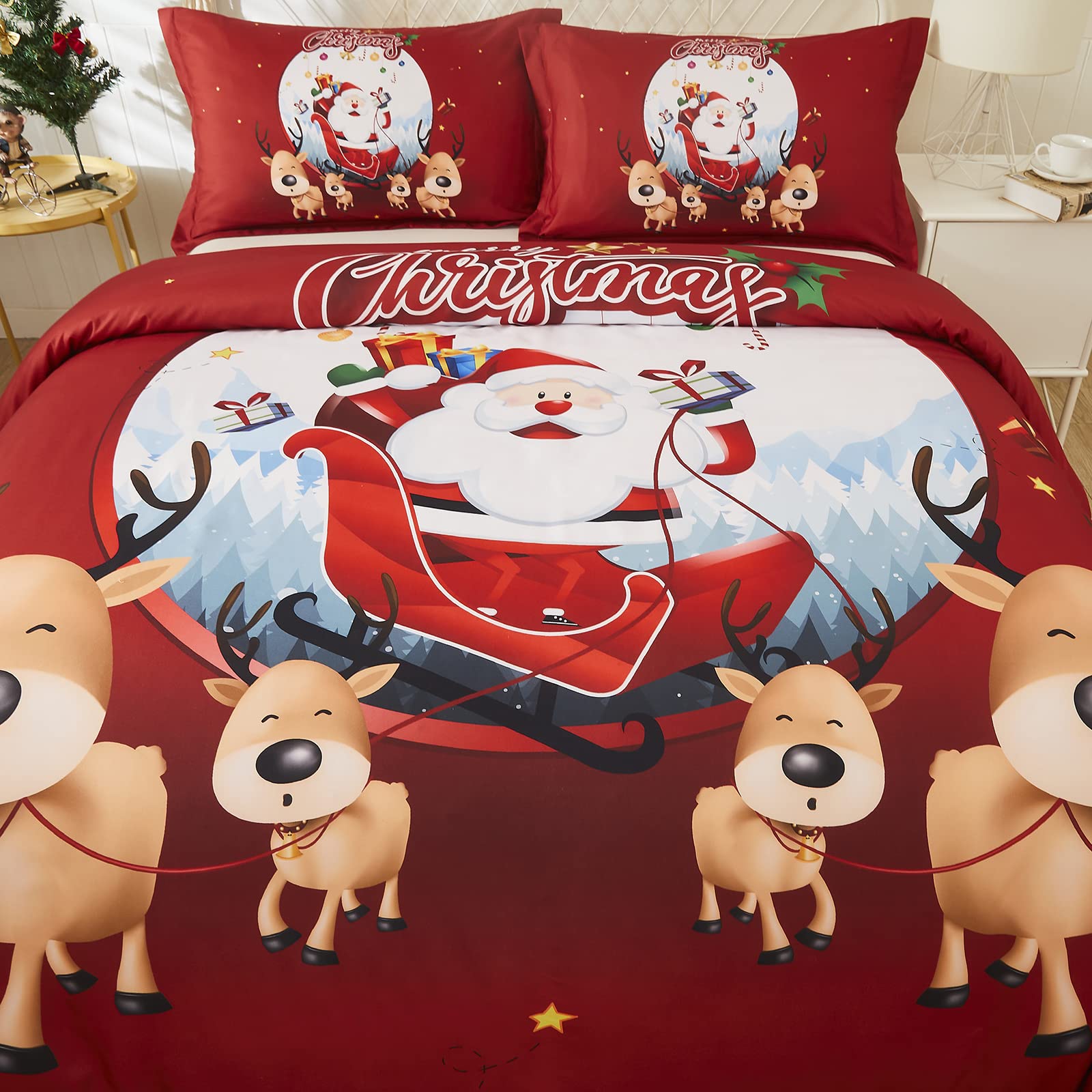 HMtideby Copripiumino Natalizio King Size 240x220cm, Set Biancheria da Letto Copripiumino Natalizio Modello Satus, Copripiumino Rosso per Decorazioni di Capodanno